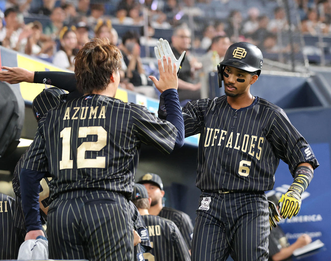オリックス対楽天　1回裏オリックス無死、宗は右越えに2者連続本塁打を放ち、東とハイタッチ（撮影・西尾就之）