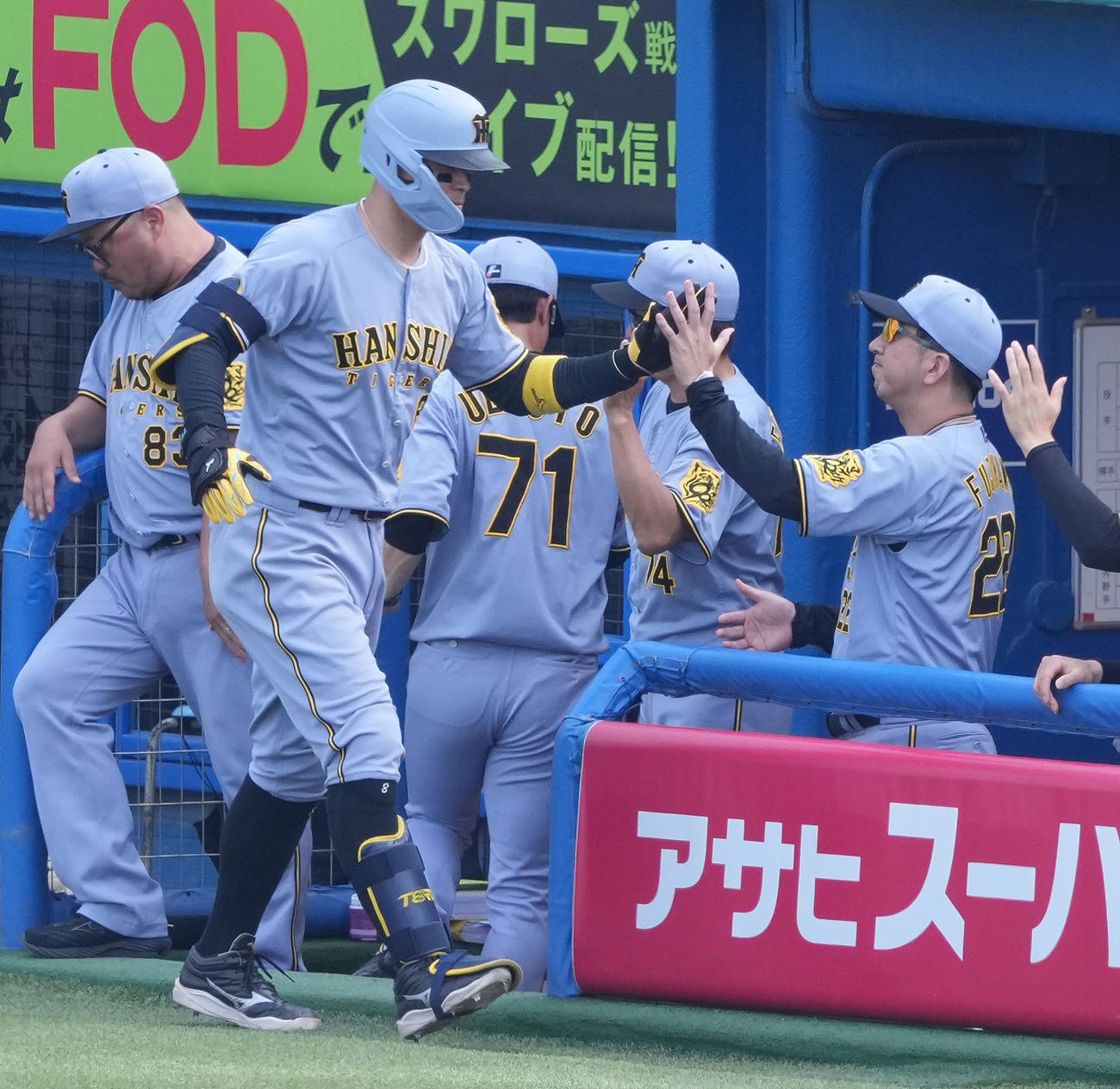 ヤクルト対阪神　8回表阪神1死、右越えソロ本塁打を放った佐藤輝（左から2人目）を迎える藤川監督（右）（撮影・鈴木みどり）