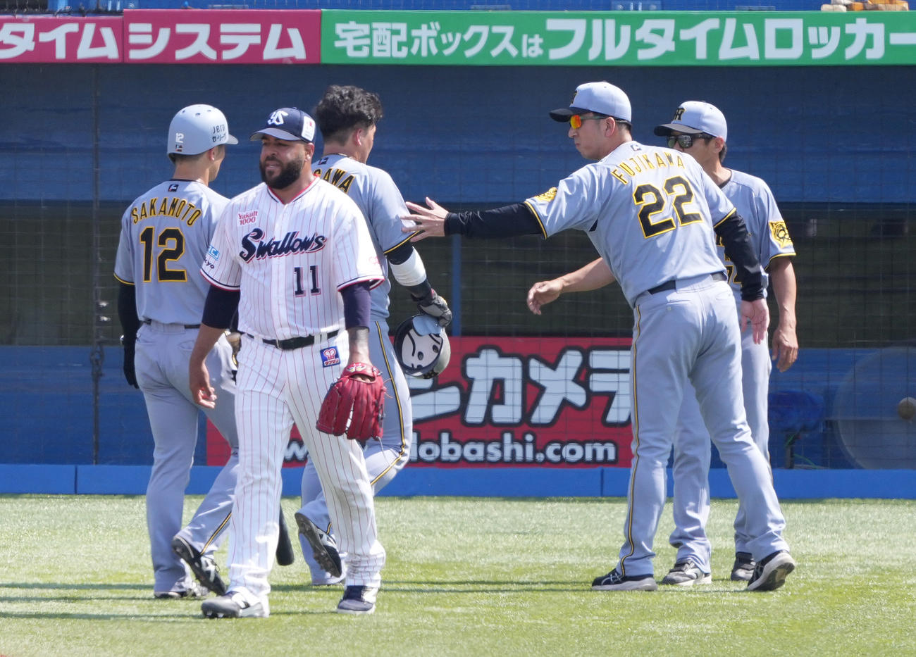 ヤクルト対阪神　5回表阪神1死二、三塁、伊藤将のセーフティスクイズで生還した三塁走者前川（中央）を心配する藤川監督（右手前）（撮影・鈴木みどり）