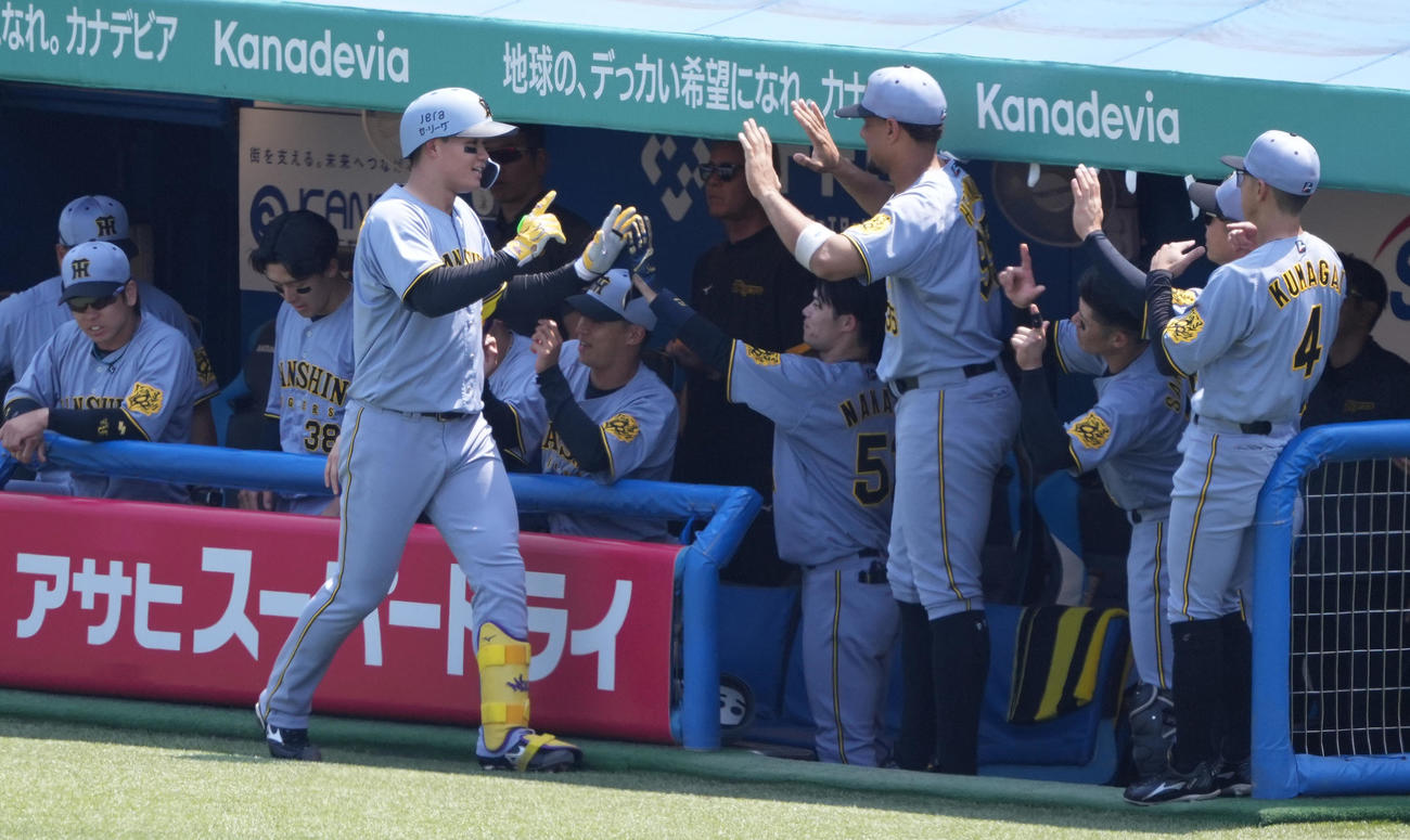 ヤクルト対阪神　1回表阪神2死、左中間に先制のソロ本塁打を放った森下はナインと笑顔でハイタッチ（撮影・鈴木みどり）