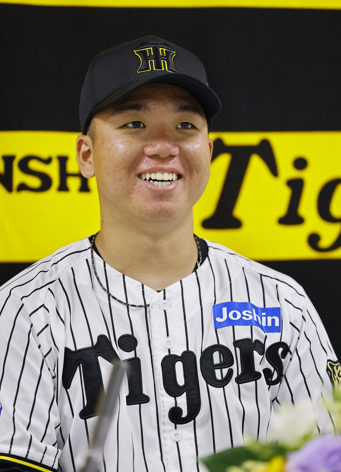 マイナビオールスターゲーム2025にファン投票で選出され記者会見する阪神村上（撮影・藤尾明華）
