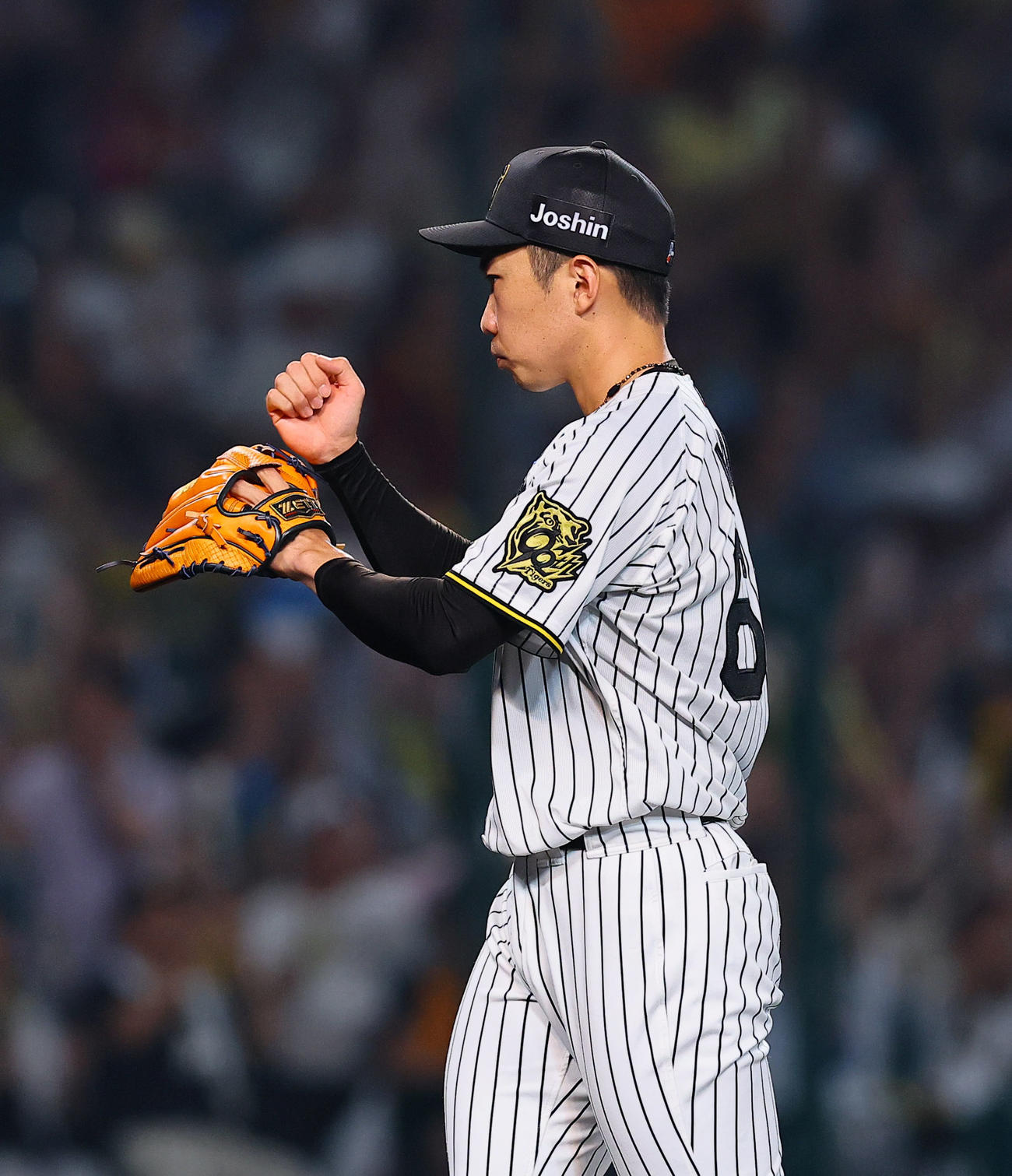 阪神対巨人　8回、4番手で登板した阪神石井（撮影・藤尾明華）
