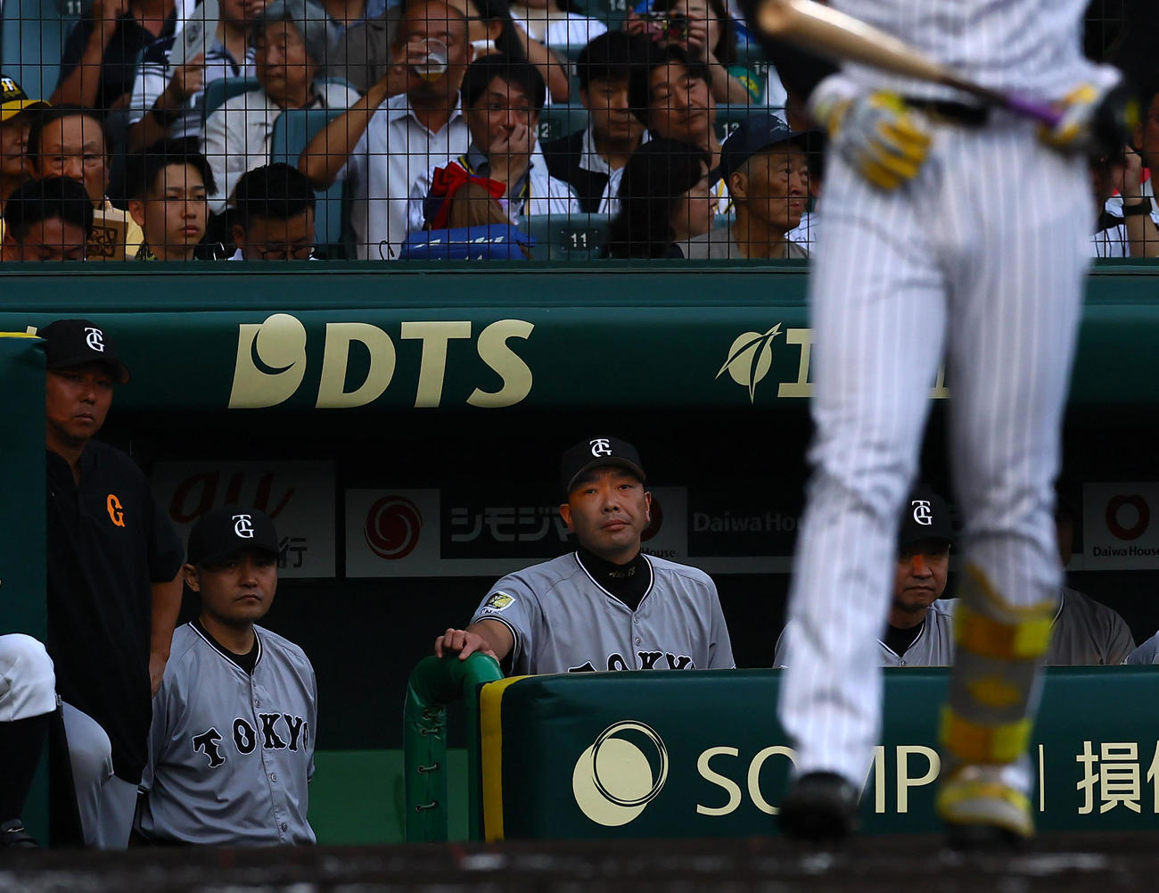阪神対巨人　1回裏阪神1死二塁、森下の打席を見つめる阿部監督（中央）（撮影・藤尾明華）