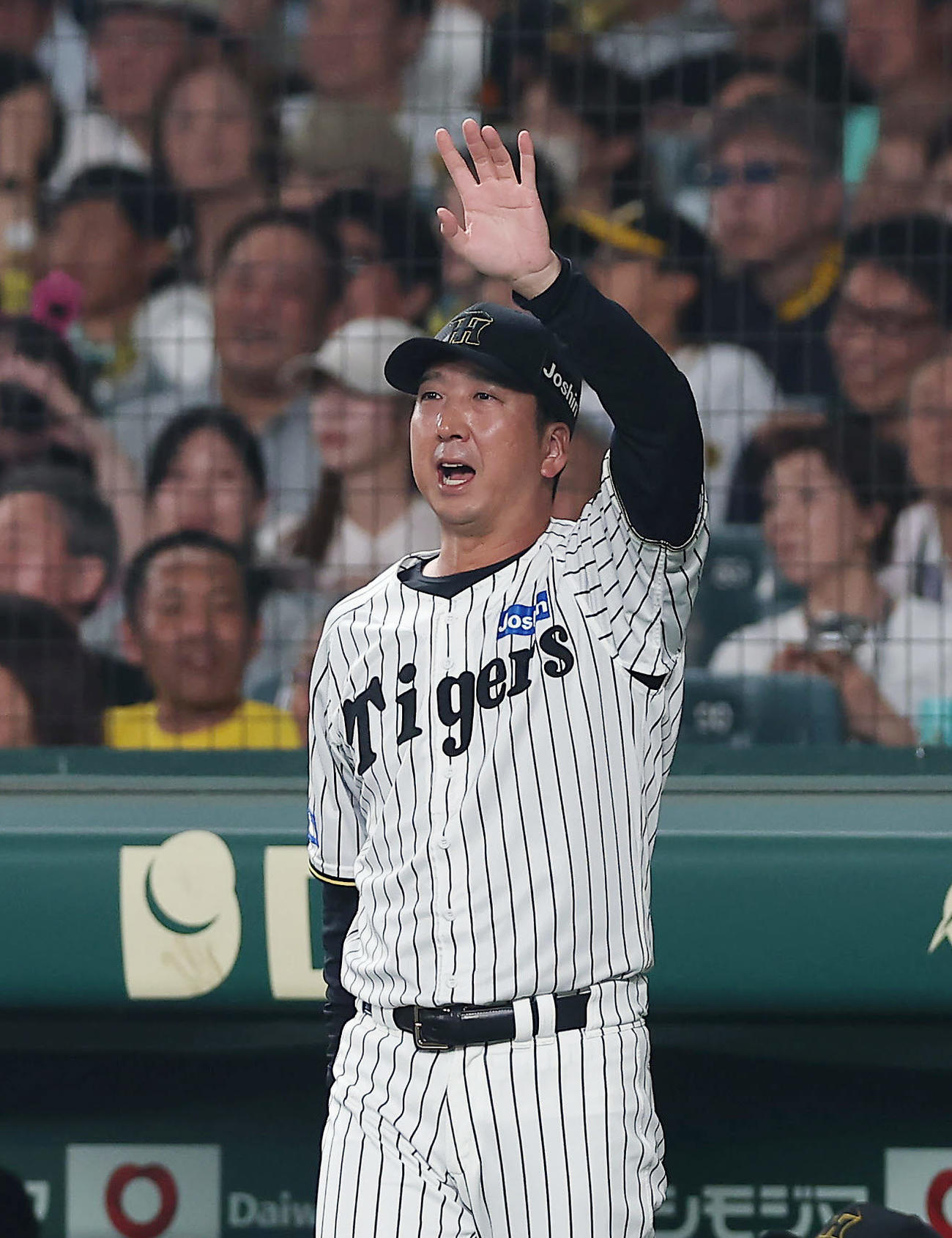 阪神対巨人　8回裏阪神1死一塁、ヘルナンデスの二ゴロのアウト判定にリクエストする藤川監督（撮影・前田充）