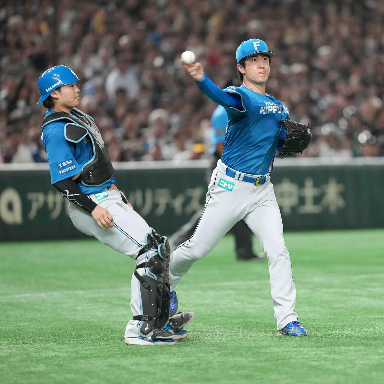 ソフトバンク対日本ハム　7回裏ソフトバンク無死一、二塁、海野の投前送りバントを処理する日本ハム先発の北山。左は田宮（撮影・小沢裕）