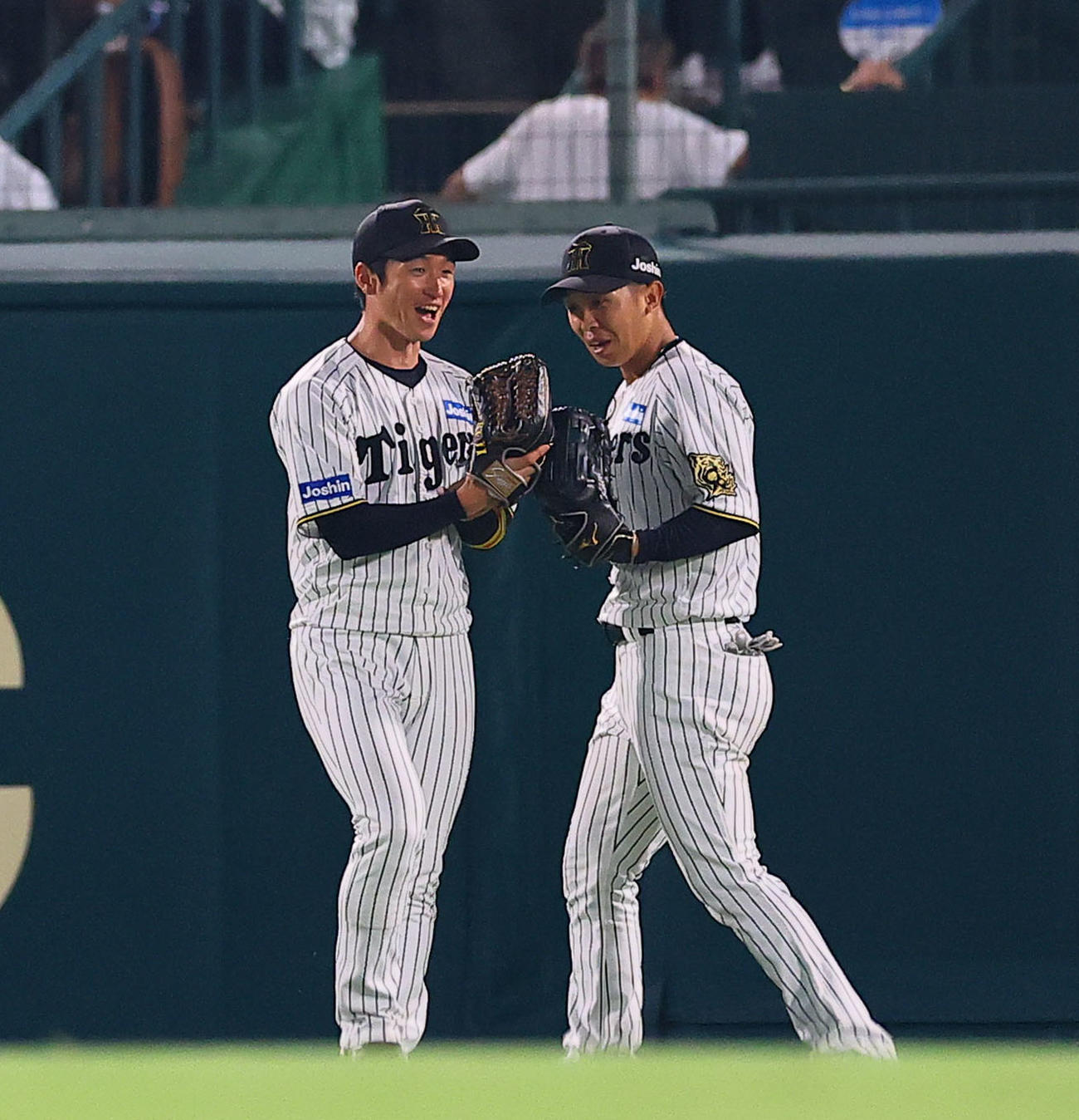 阪神対巨人　7回表巨人1死、丸の中飛を好捕し笑顔を見せる近本（撮影・藤尾明華）