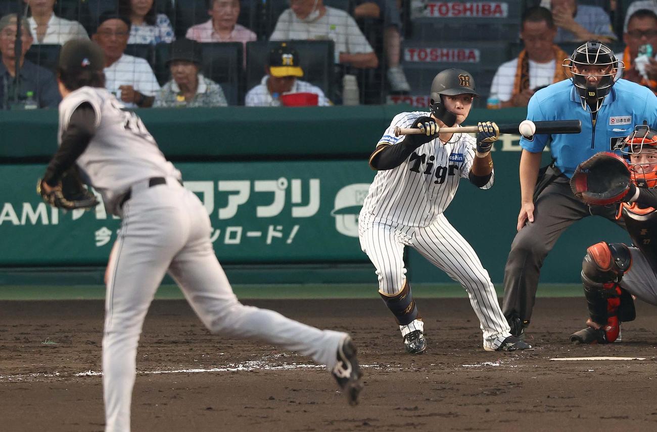 阪神対巨人　3回裏阪神無死二塁、中野は送りバントを決める（撮影・上田博志）