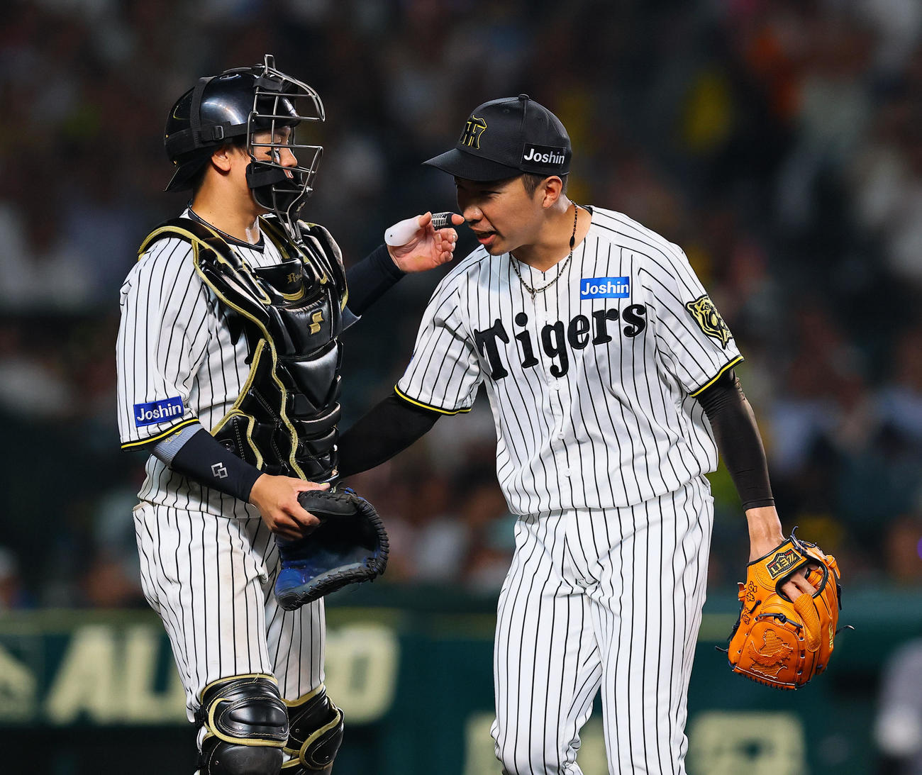 阪神対巨人　8回表巨人2死一、三塁、門脇を左飛に打ち取り、梅野（左）とタッチを交わす石井（撮影・藤尾明華）