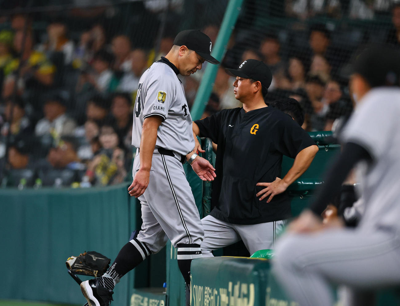 阪神対巨人　8回途中、退場となり引き揚げる巨人阿部監督（撮影・藤尾明華）