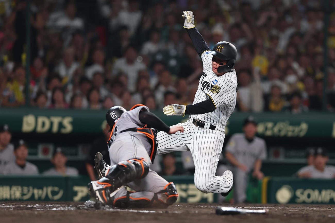 阪神対巨人　8回裏阪神2死一、二塁、大山の遊撃内野安打の間に生還する二走森下。捕手甲斐（撮影・前田充）