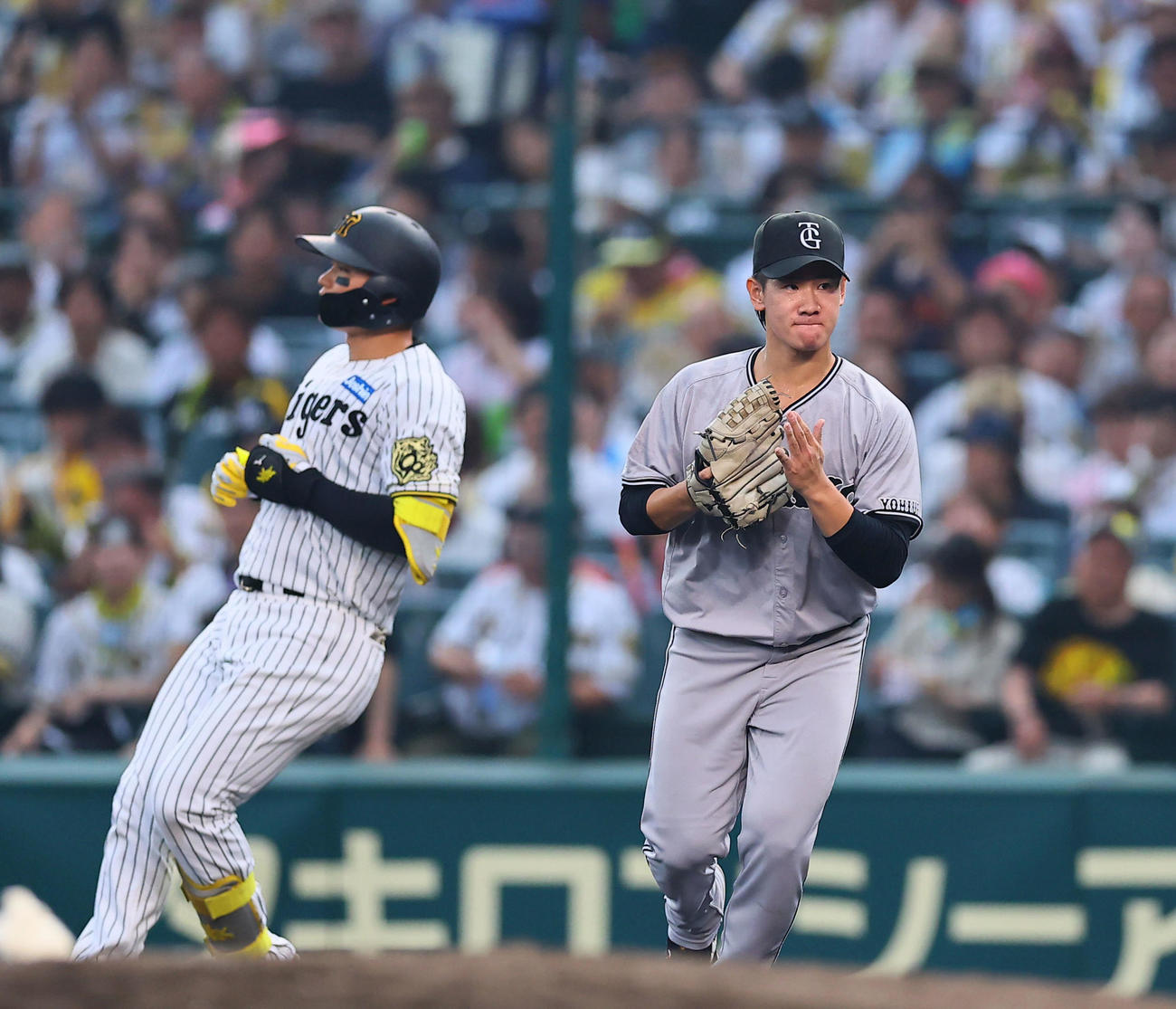 阪神対巨人　3回裏阪神2死二塁、森下を二飛に打ち取りグラブをたたく井上（右）（撮影・藤尾明華）