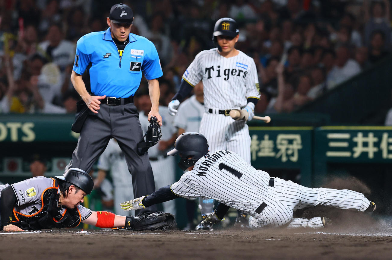 阪神対巨人　8回裏阪神2死一、二塁、大山の遊撃適時内野安打で生還する森下。捕手甲斐。判定はアウトもリクエストでセーフとなる（撮影・藤尾明華）