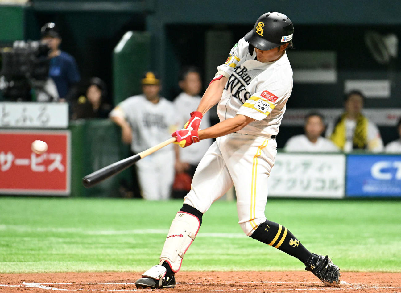 ソフトバンク対日本ハム　2回裏ソフトバンク無死、山本はプロ初安打を放つ（撮影・林敢治）