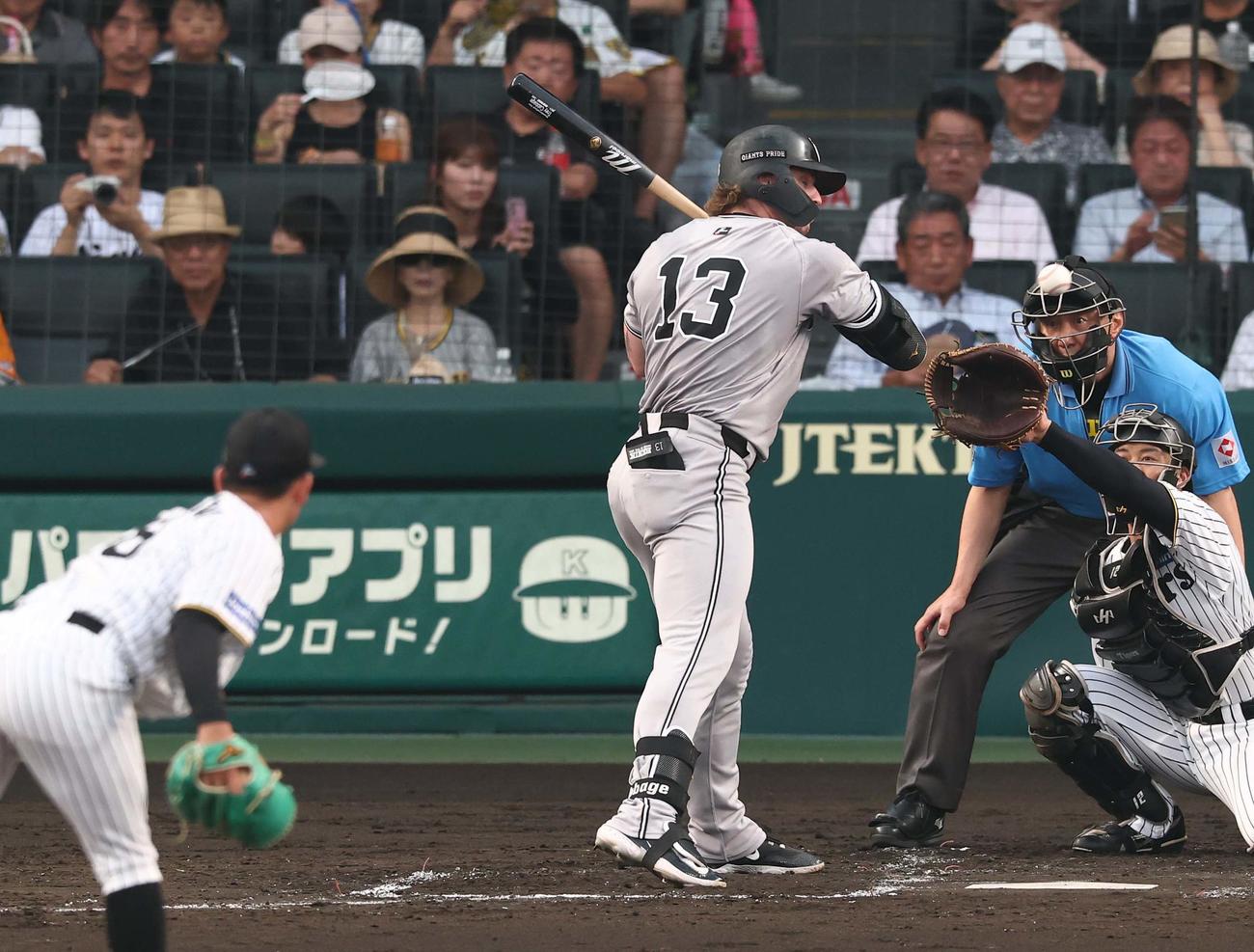 阪神対巨人　3回表巨人2死、キャベッジは死球を受ける（撮影・上田博志）