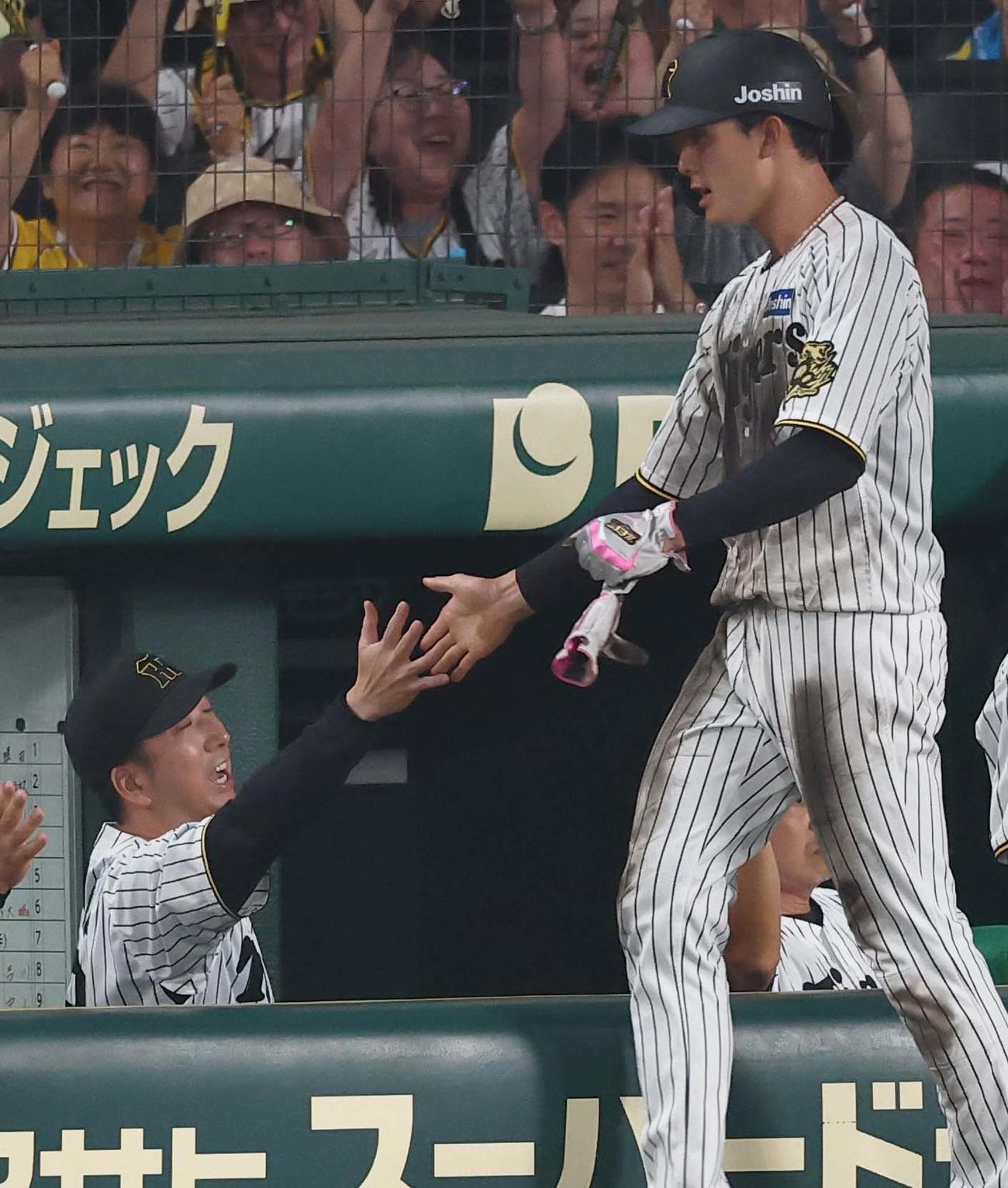 阪神対巨人　5回裏阪神無死一、三塁、藤川監督（左）はヘルナンデスの犠飛で生還した小幡をハイタッチで出迎える（撮影・上田博志）