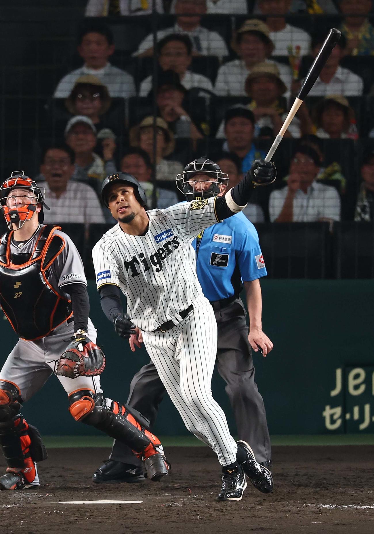 阪神対巨人　5回裏阪神無死一、三塁、代打ヘルナンデスは同点犠飛を放つ（撮影・上田博志）