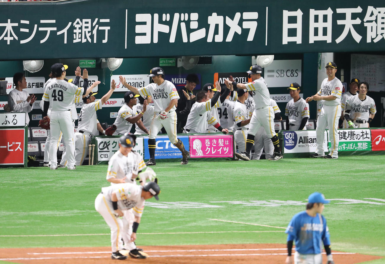 ソフトバンク対日本ハム　4回裏ソフトバンク2死満塁、海野の勝ち越し中前2点適時打で生還した山本と中村はベンチのナインとハイタッチ（撮影・梅根麻紀）