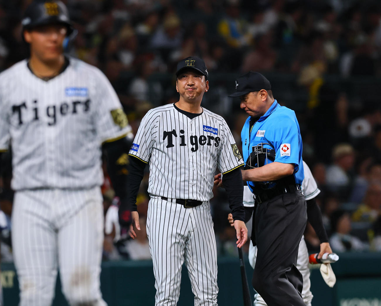 阪神対巨人　7回、交代を告げる藤川監督（撮影・藤尾明華）