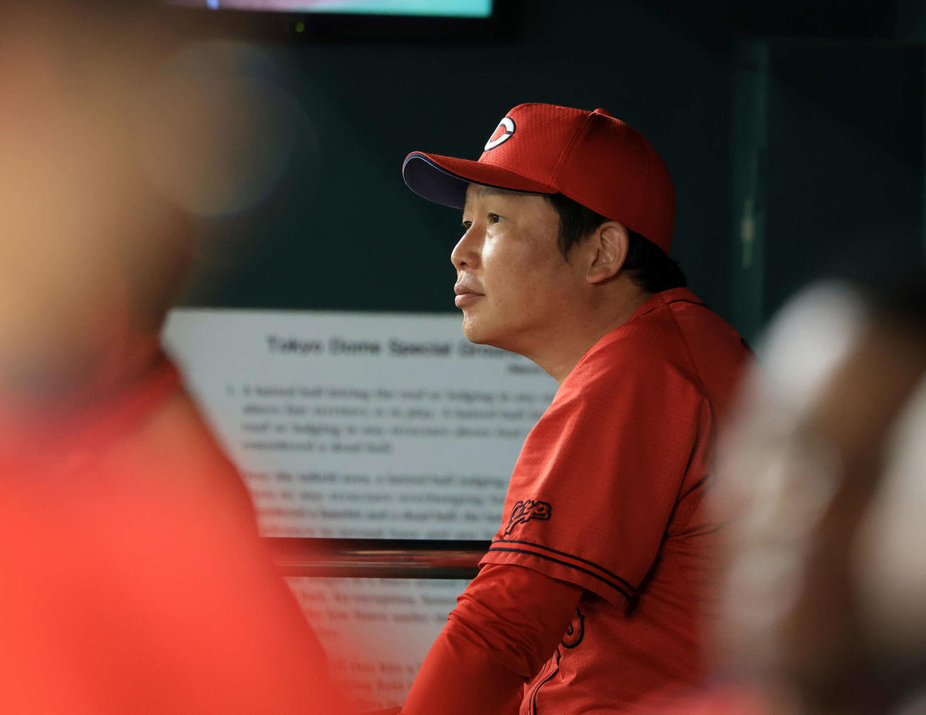 巨人対広島　厳しい表情で試合を見つめる広島新井監督（撮影・浅見桂子）