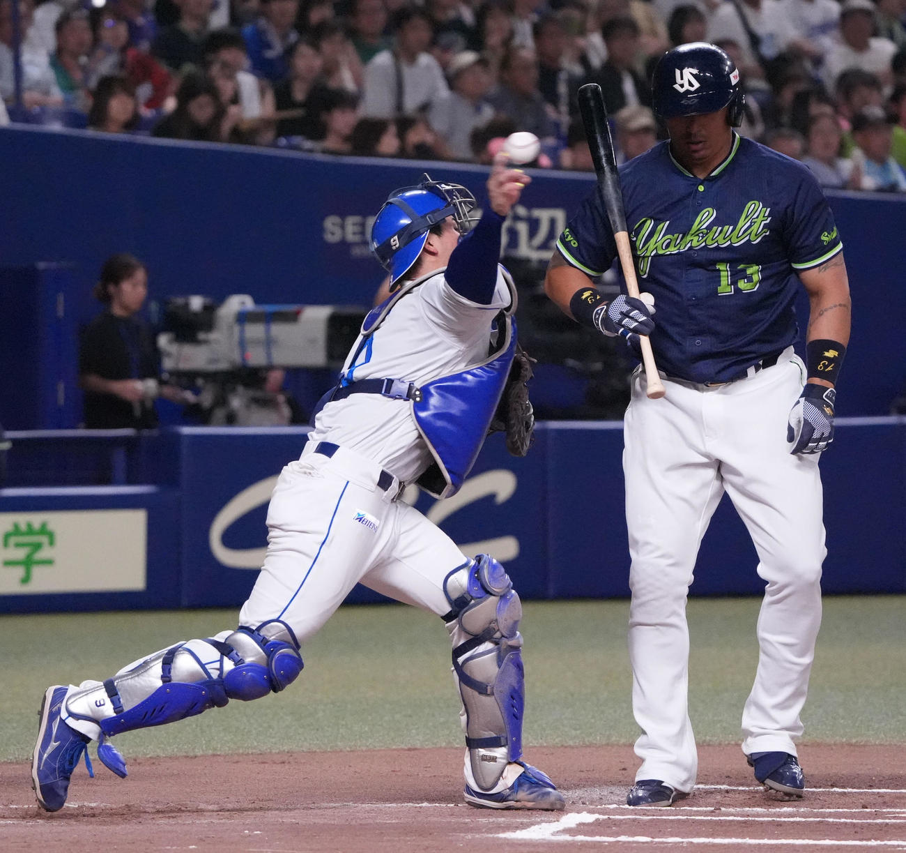中日対ヤクルト　6回表ヤクルト2死一塁、石伊（左）は赤羽の盗塁を刺す（撮影・森本幸一）