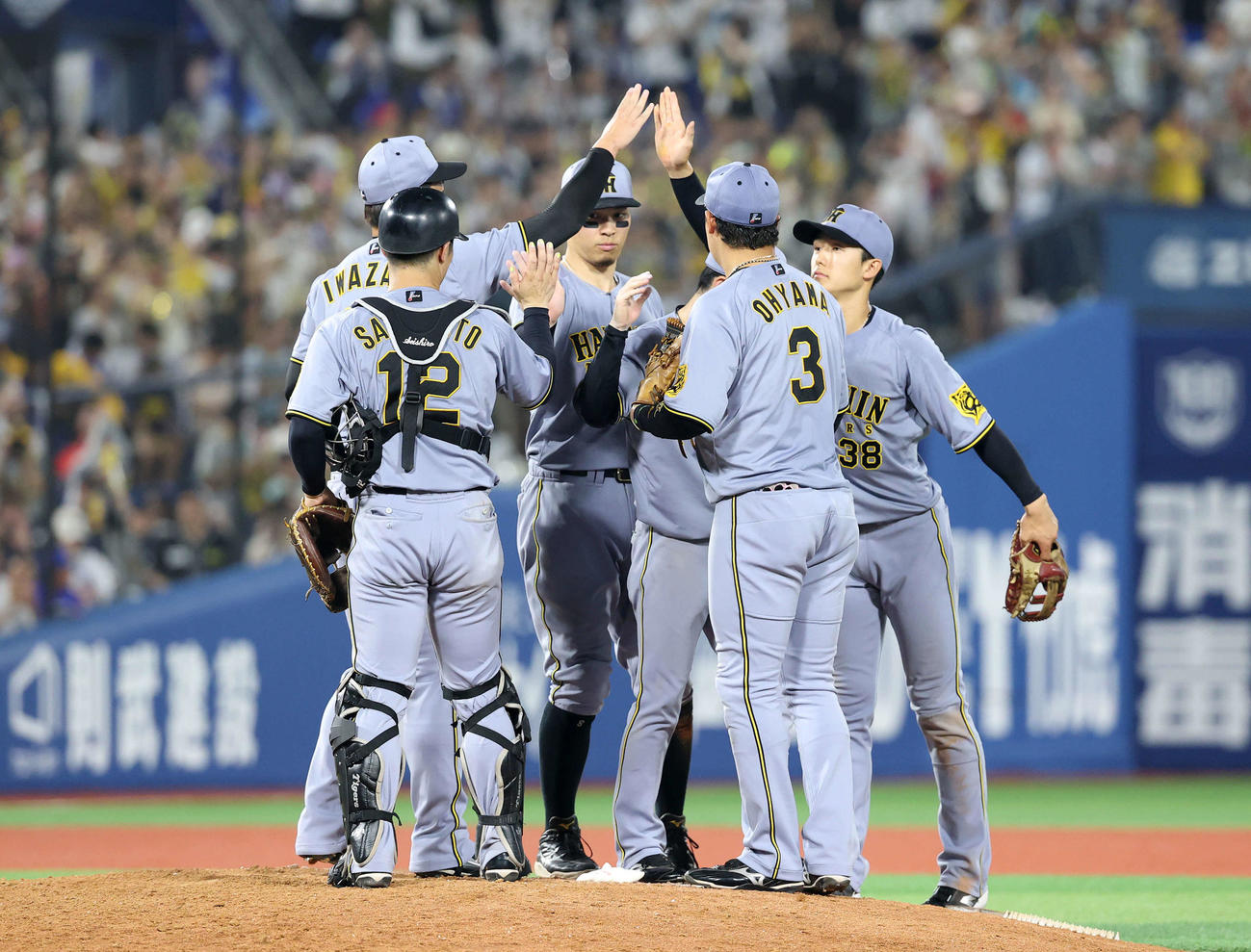 DeNA対阪神　勝利しマウンドに集まる阪神の選手たち（撮影・鈴木正人）