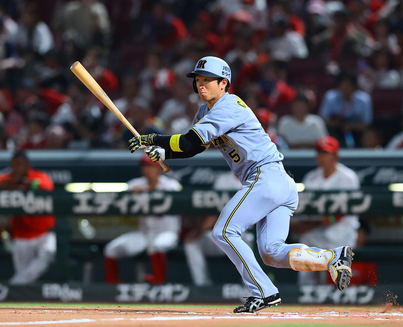 広島対阪神　6回表2死、近本は左越えに二塁打を放つ（撮影・藤尾明華）