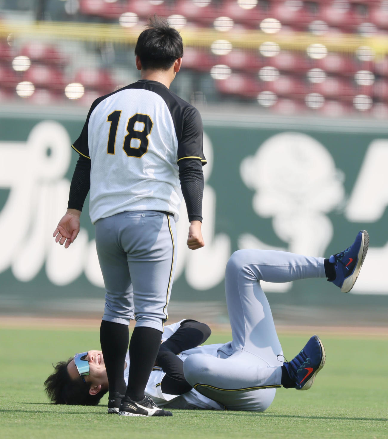 広島対阪神　木下は伊原（左）から右手でパンチを受け芝生上にゴロンと倒れる（撮影・加藤哉）
