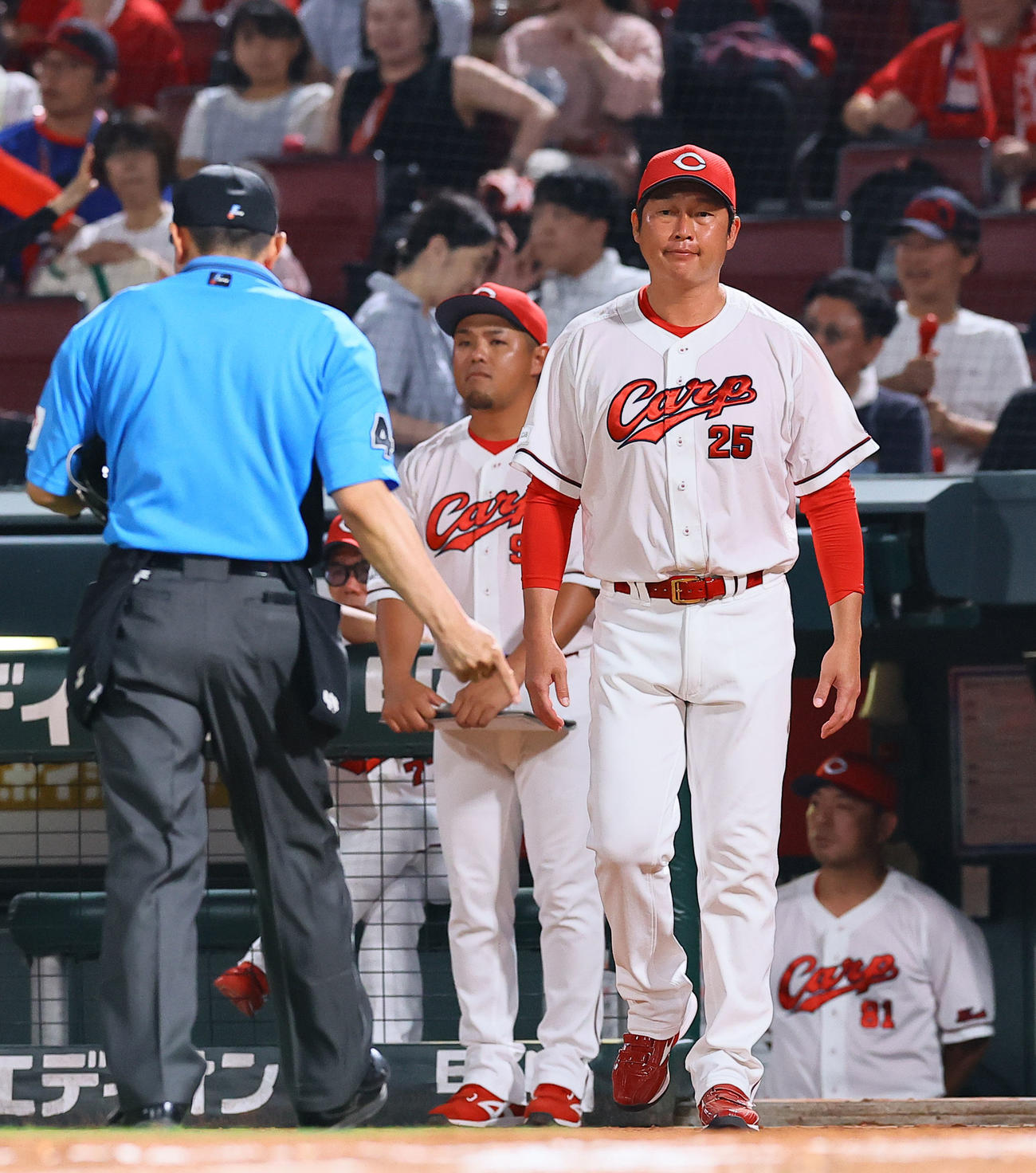 広島対阪神　7回表阪神1死三塁、投手交代を告げる新井監督（撮影・藤尾明華）
