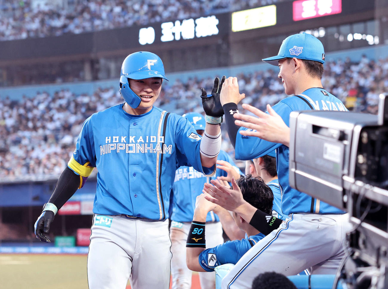 ロッテ対日本ハム　4回表日本ハム無死一塁、田宮（左）は右越え2点本塁打を放ちベンチ前で山崎とタッチ（撮影・鈴木正人）
