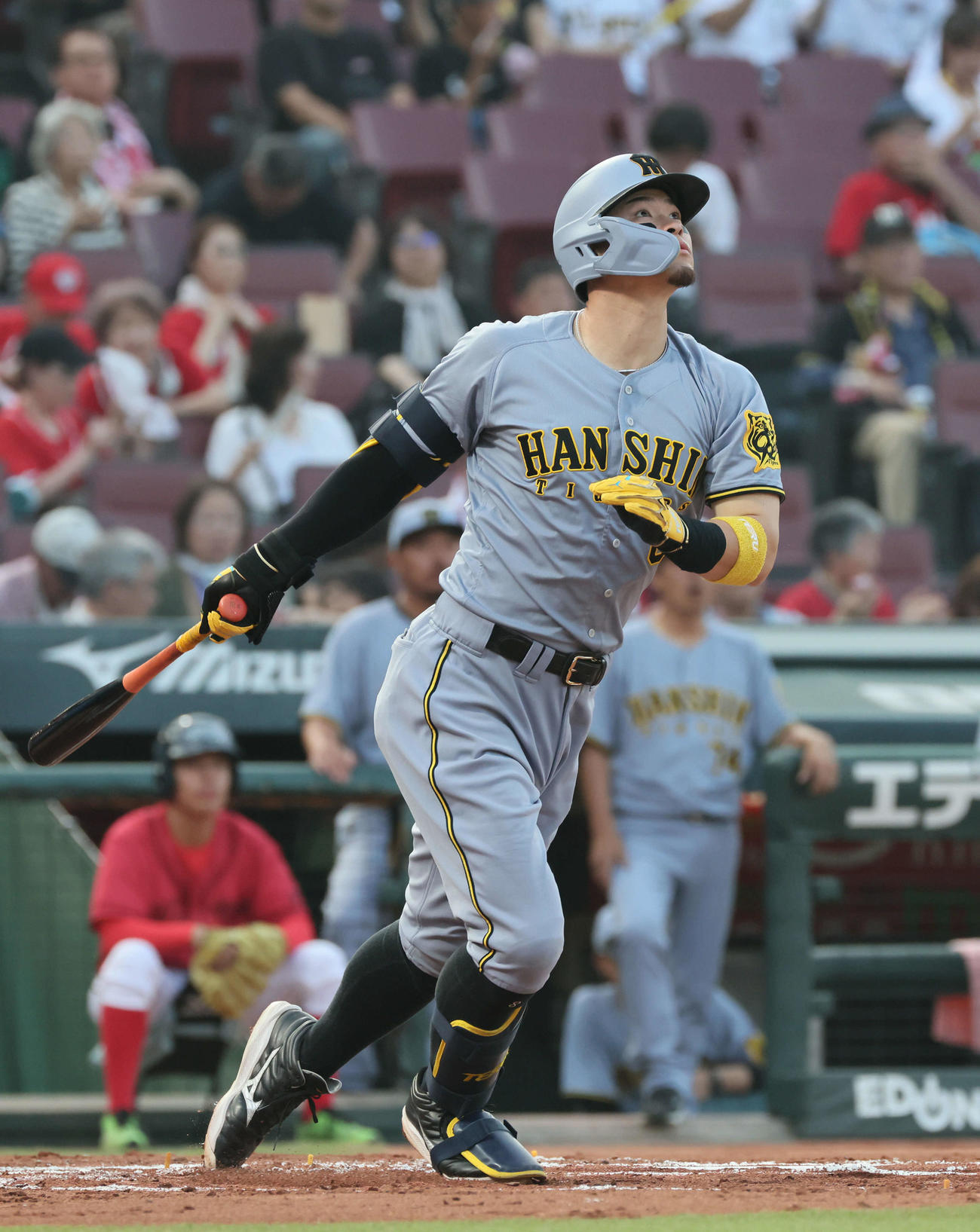 広島対阪神　2回表阪神無死、佐藤輝は先制右越え本塁打を放つ（撮影・加藤孝規）