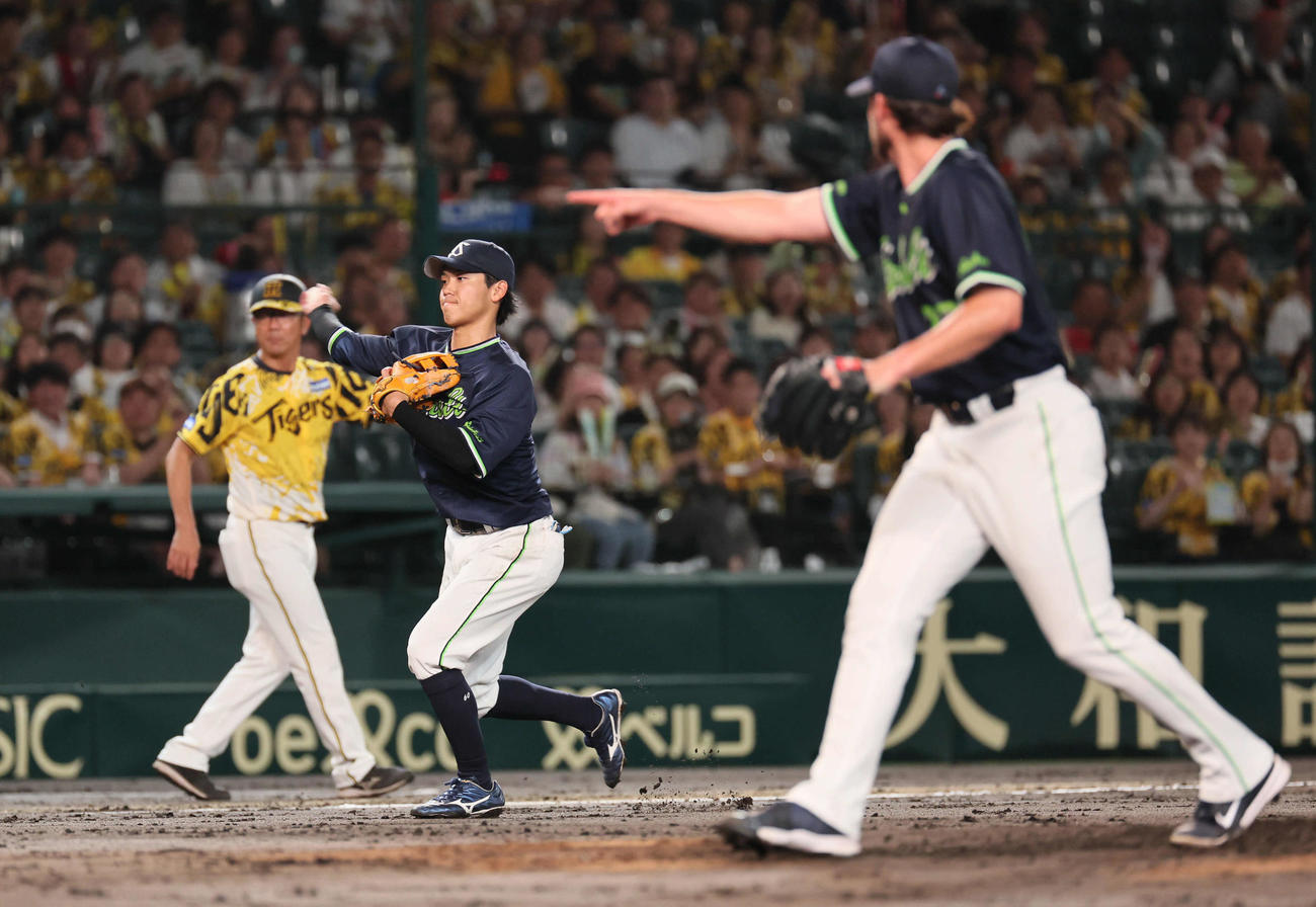 阪神対ヤクルト　4回裏阪神無死満塁、武岡は坂本の三ゴロで本塁封殺する（撮影・宮崎幸一)