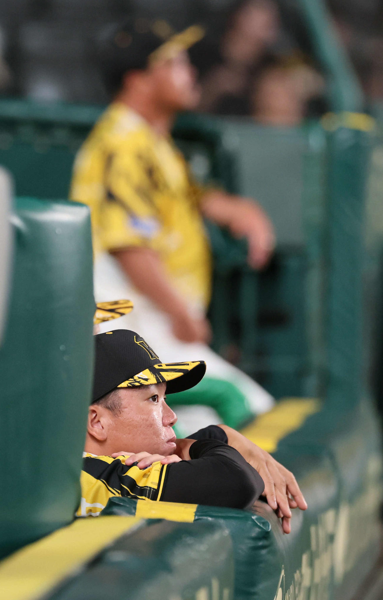 阪神対ヤクルト　9回裏阪神、ベンチから試合を見つめる阪神村上（撮影・宮崎幸一)