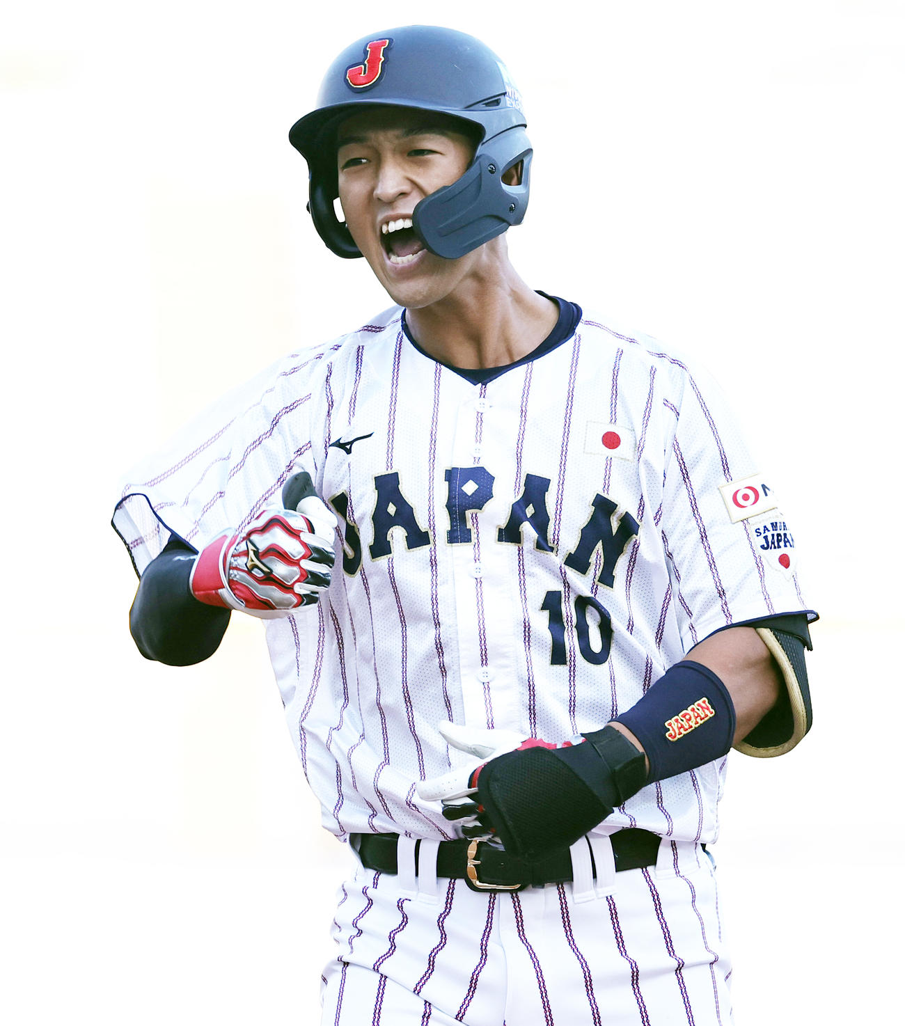米国対日本　3回裏日本2死二塁、先制右前適時打を放ち喜ぶ松下（撮影・野上伸悟）