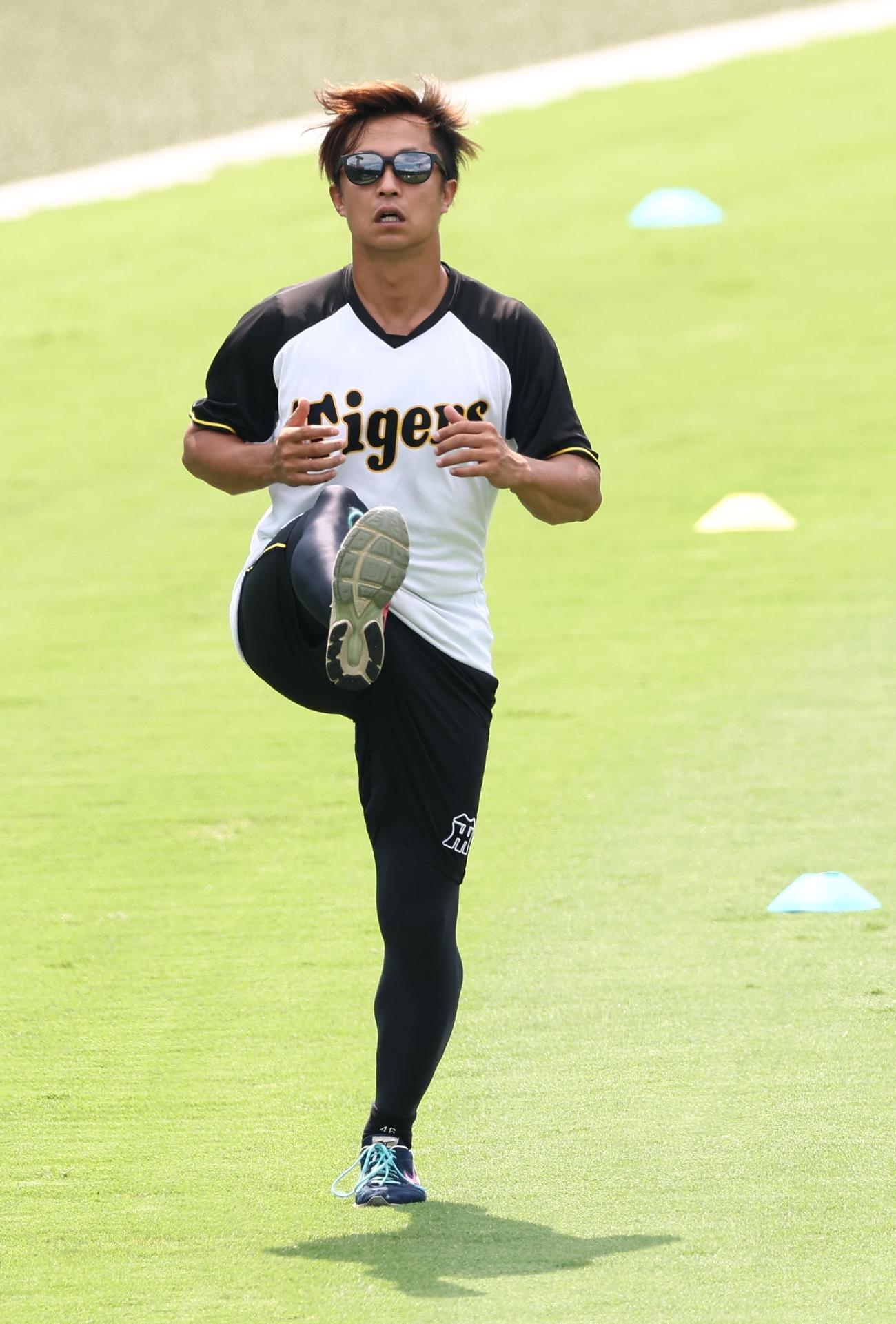 阪神対ヤクルト　ウオーミングアップをする島本（撮影・上田博志）