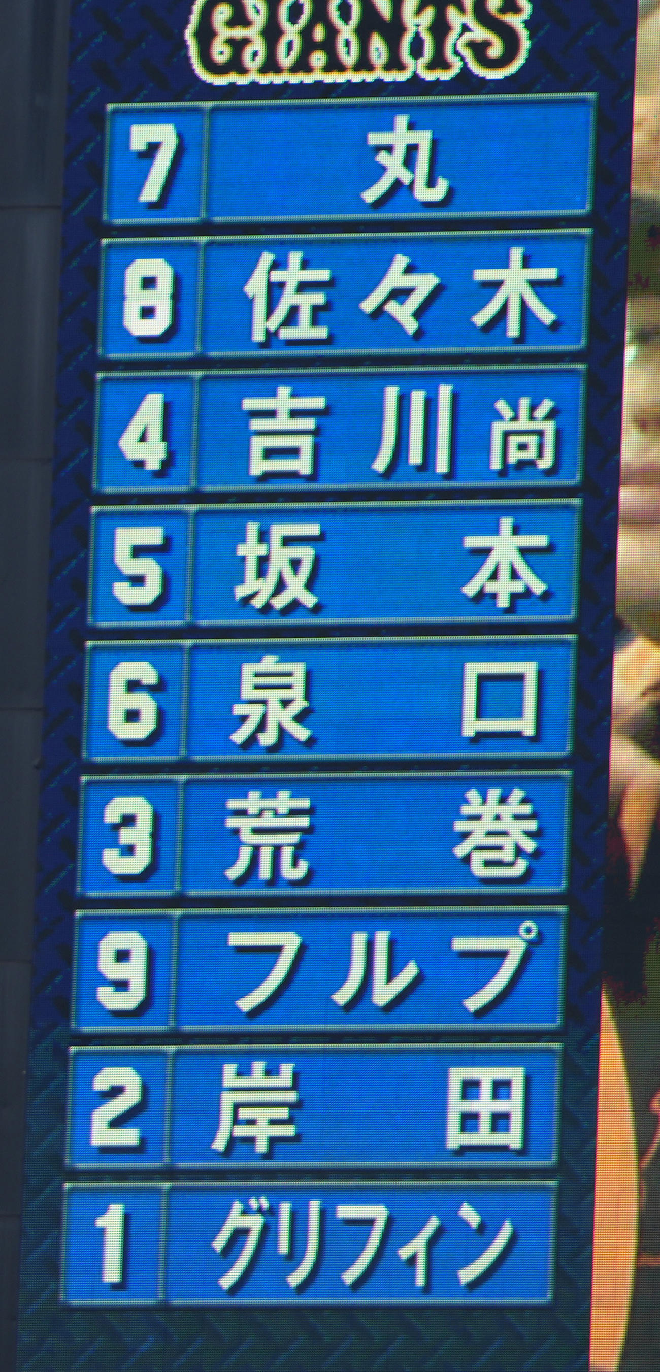 DeNA対巨人　巨人のスタメン。新外国人フルプが7番右翼に入った（撮影・足立雅史）
