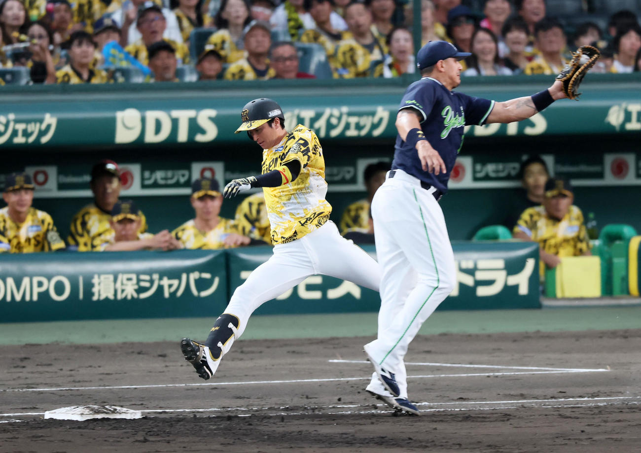 阪神対ヤクルト　4回裏阪神無死、近本は二塁内野安打を放つ。一塁手オスナ（撮影・加藤哉）