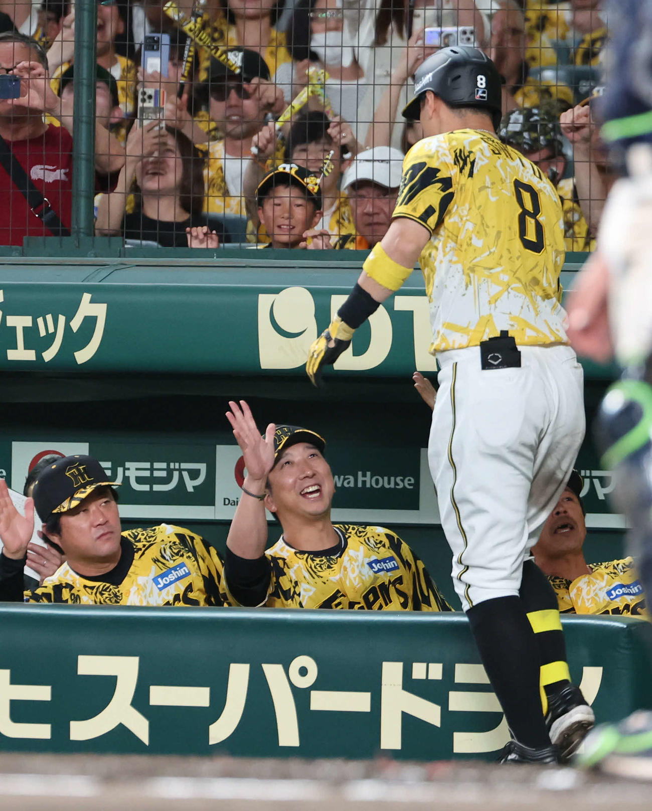 阪神対ヤクルト　6回裏阪神無死二塁、佐藤輝（右）が2点本塁打を放ち、ベンチで迎える藤川監督（撮影・西尾就之）