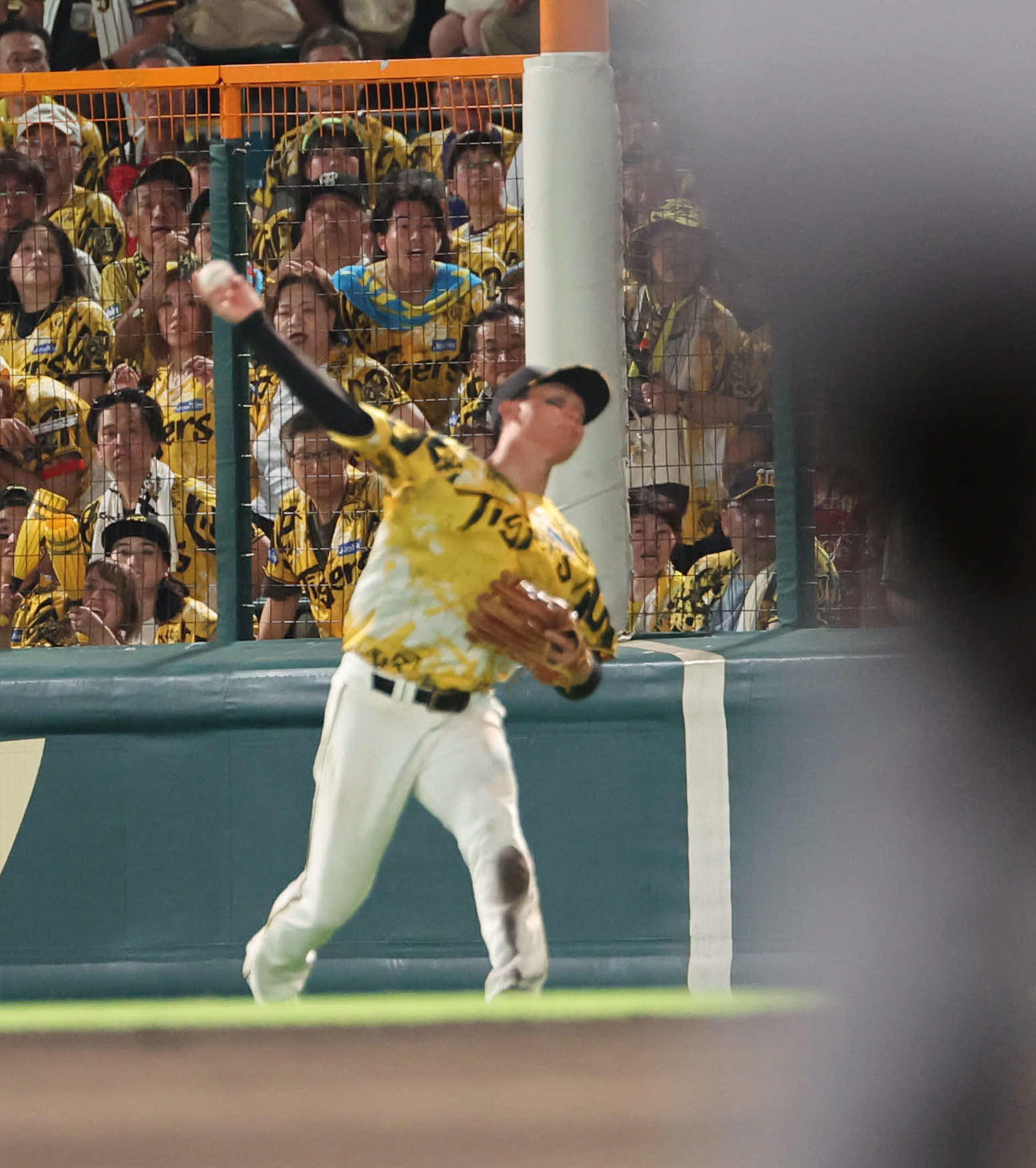 阪神対ヤクルト　9回表ヤクルト1死二、三塁、右翼手森下は増田の右飛で本塁を狙った三走武岡を刺してアウト（撮影・西尾就之）