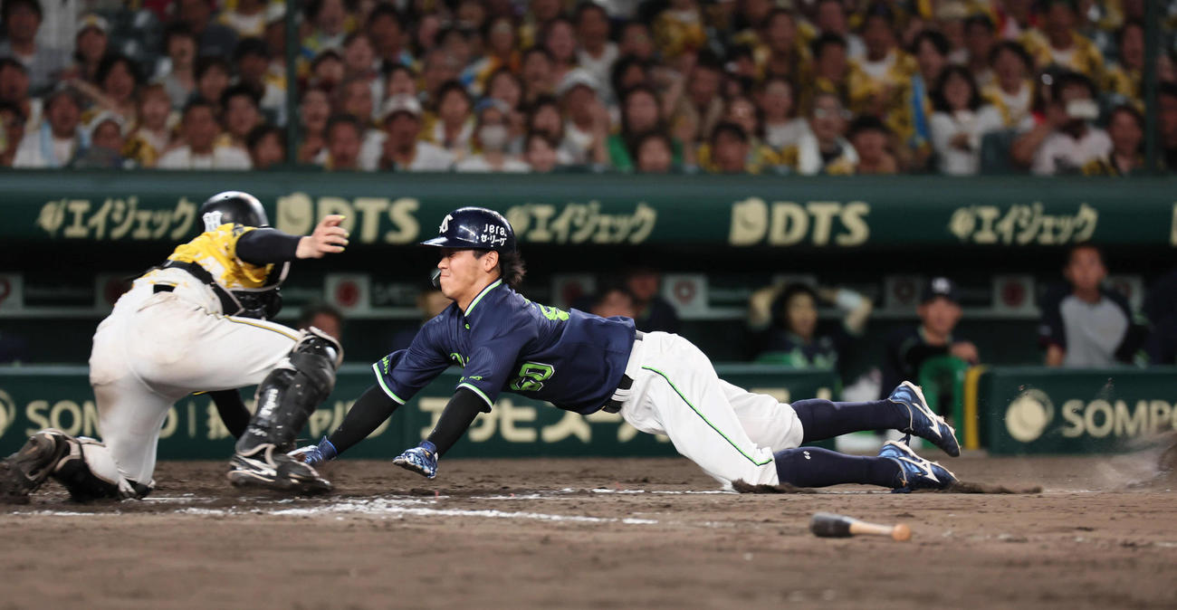 阪神対ヤクルト　9回表ヤクルト1死二、三塁、森下は増田の右飛で政官を狙った武岡を刺す（撮影・宮崎幸一)＝