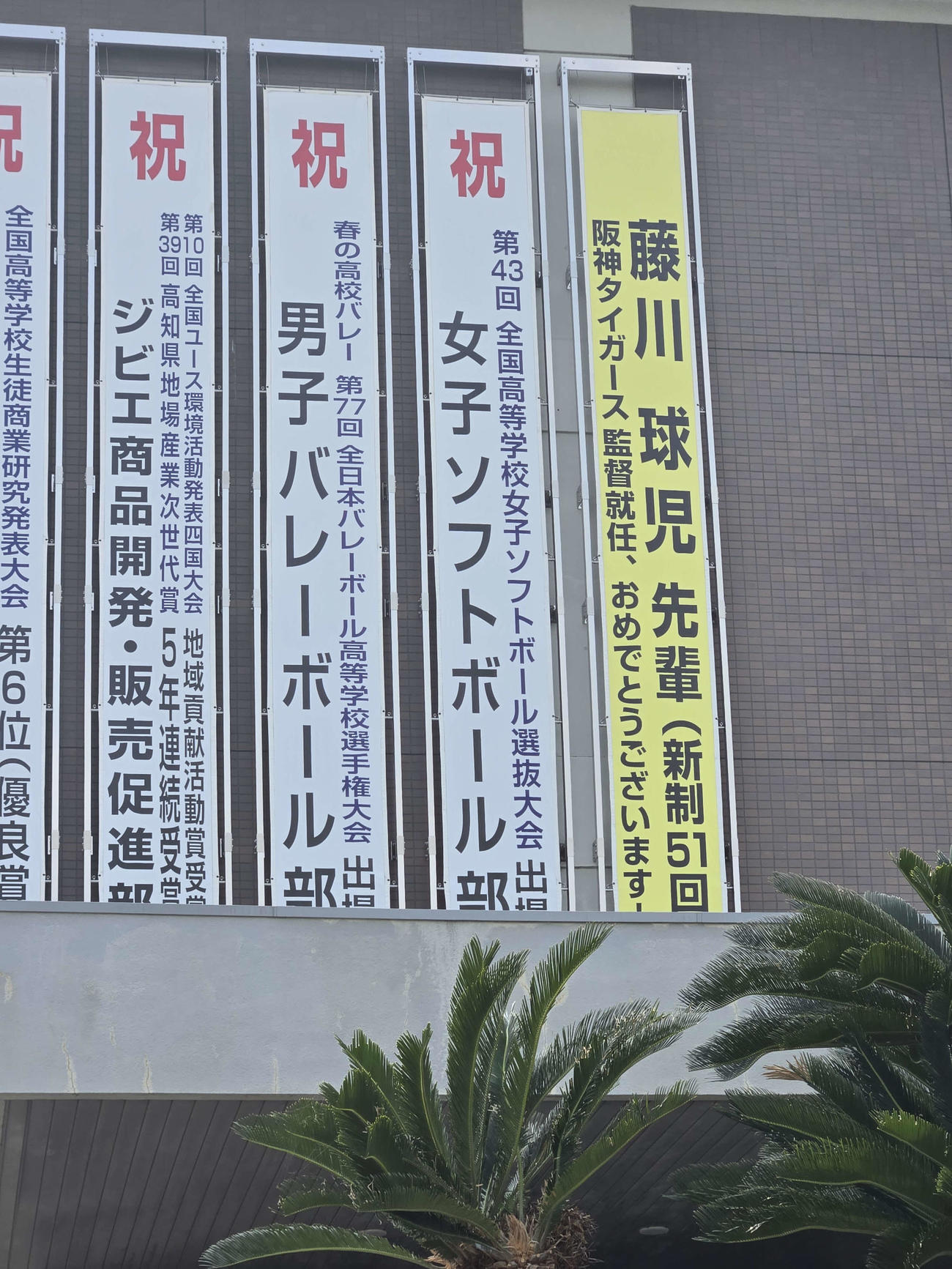 阪神藤川監督の母校・高知商には監督就任を祝う黄色の垂れ幕が掲げられている（撮影・寺尾博和）