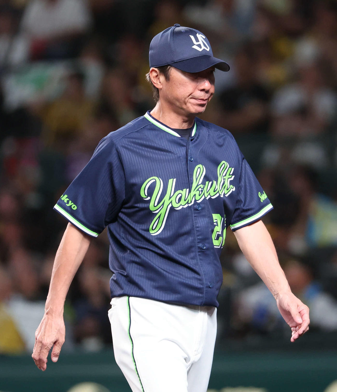 阪神対ヤクルト　7回の攻撃を終え、選手交代を告げたヤクルト高津監督はベンチに戻る（撮影・西尾就之）