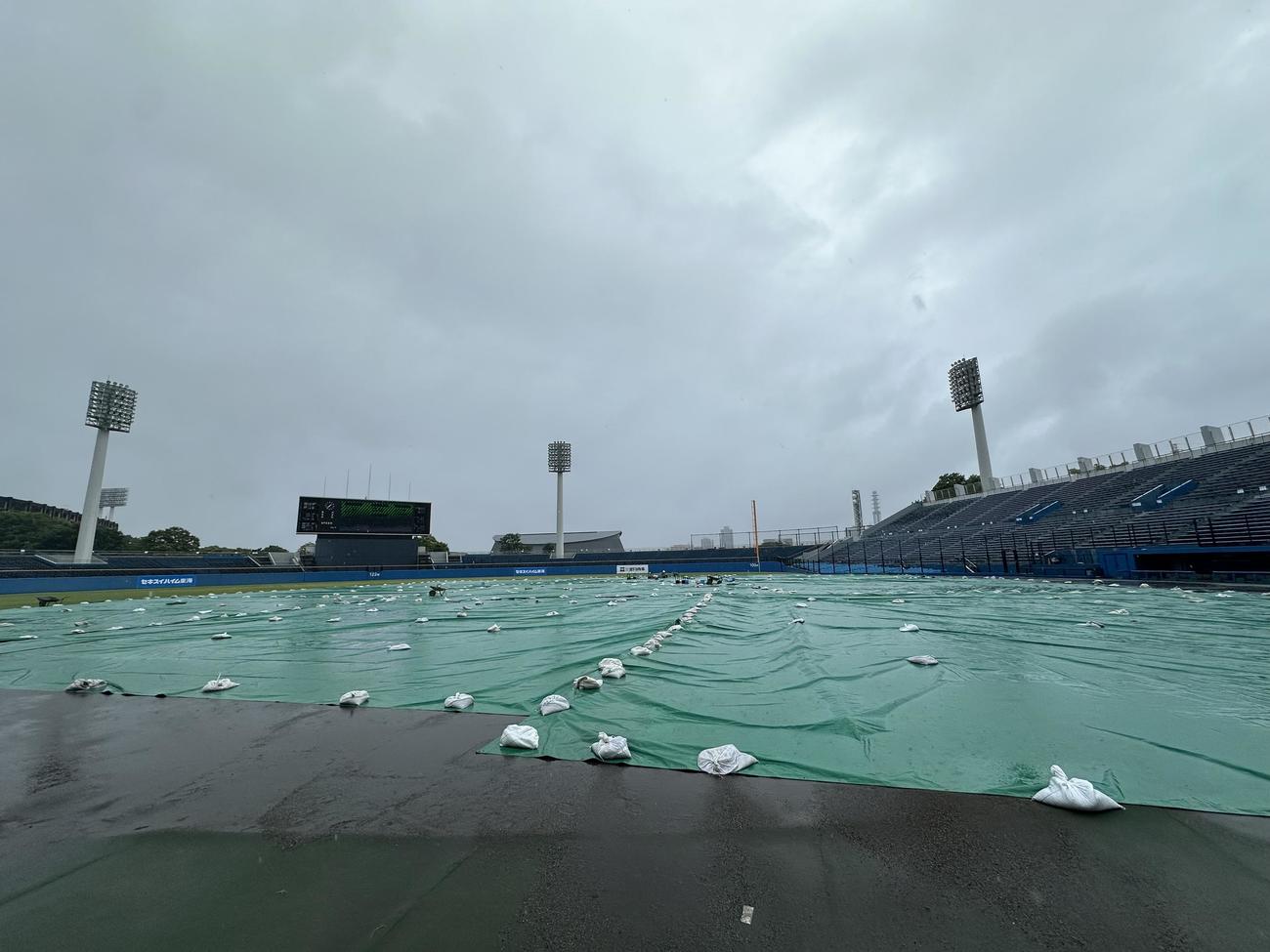 ヤクルト対巨人　降雨の影響で全面シートが張られた草薙球場(撮影・浅見桂子)