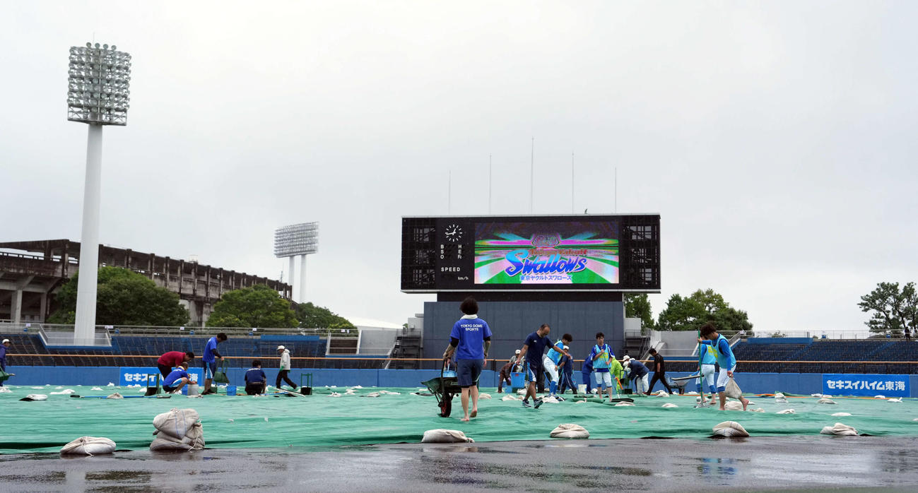 ヤクルト対巨人　グラウンドに溜まった水を処理するスタッフ（撮影・たえ見朱実）