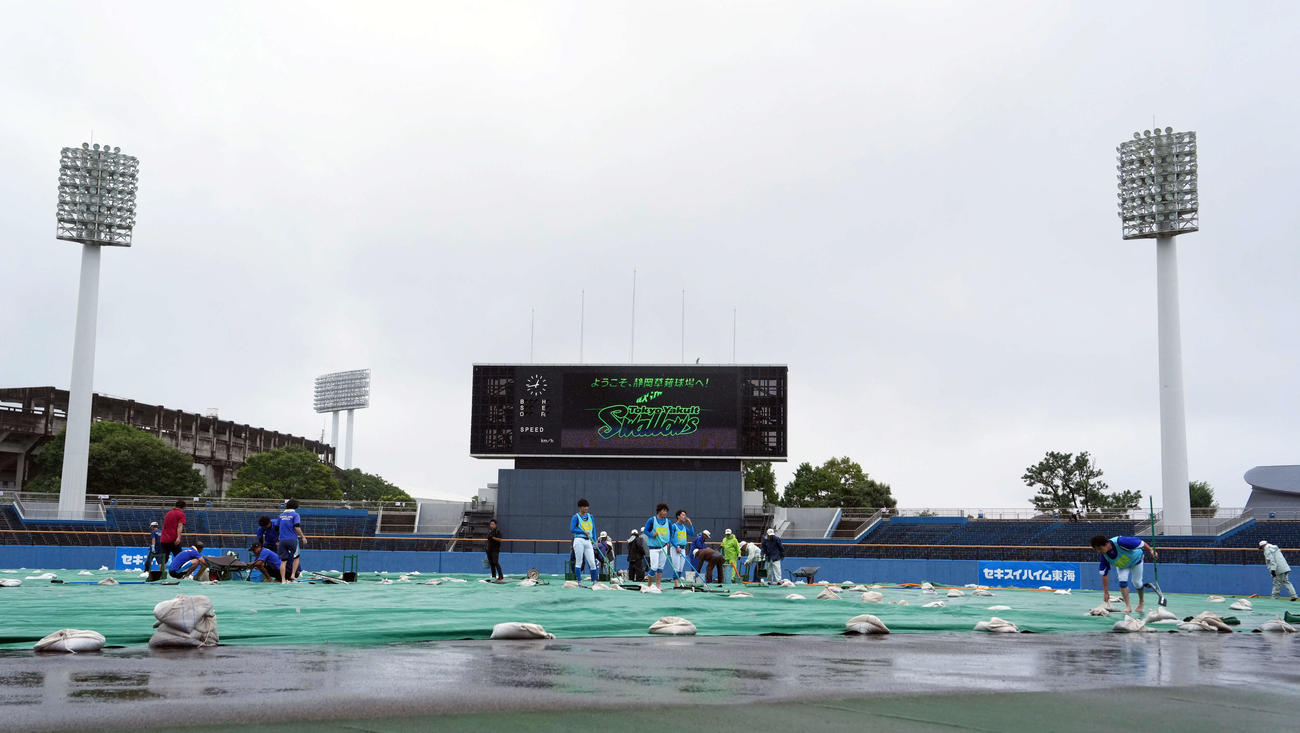 ヤクルト対巨人　グラウンドに溜まった水を処理するスタッフ（撮影・たえ見朱実）