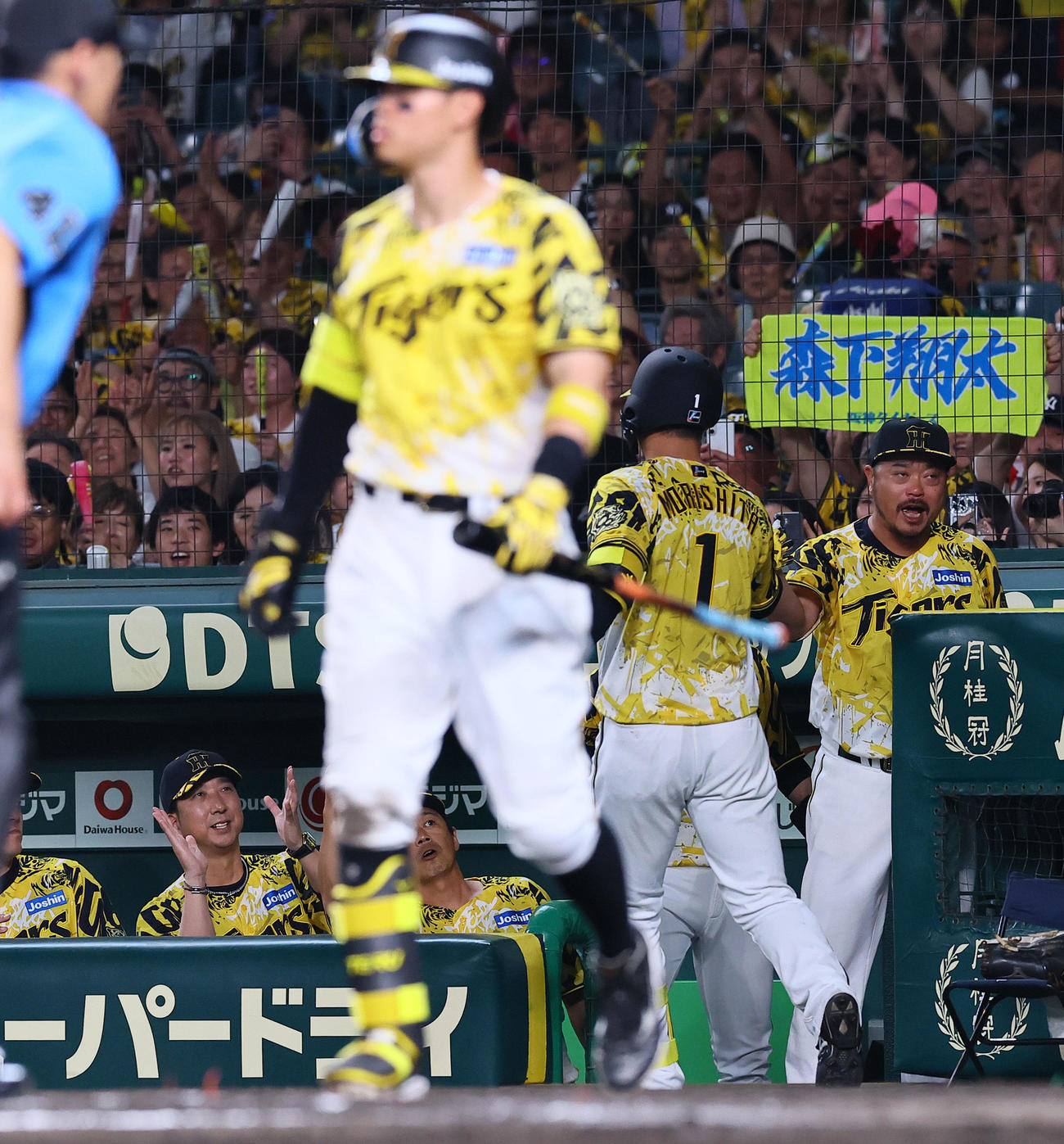 阪神対中日　7回裏阪神2死、同点本塁打を放った森下を出迎える藤川監督（左）（撮影・藤尾明華）