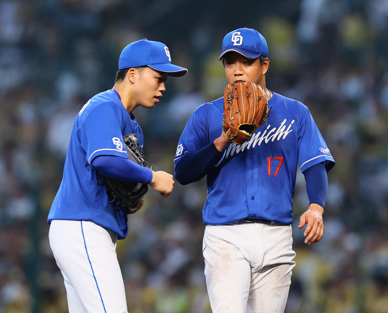 阪神対中日　3回を終え、岡林（左）と話しをする中日柳（撮影・藤尾明華）