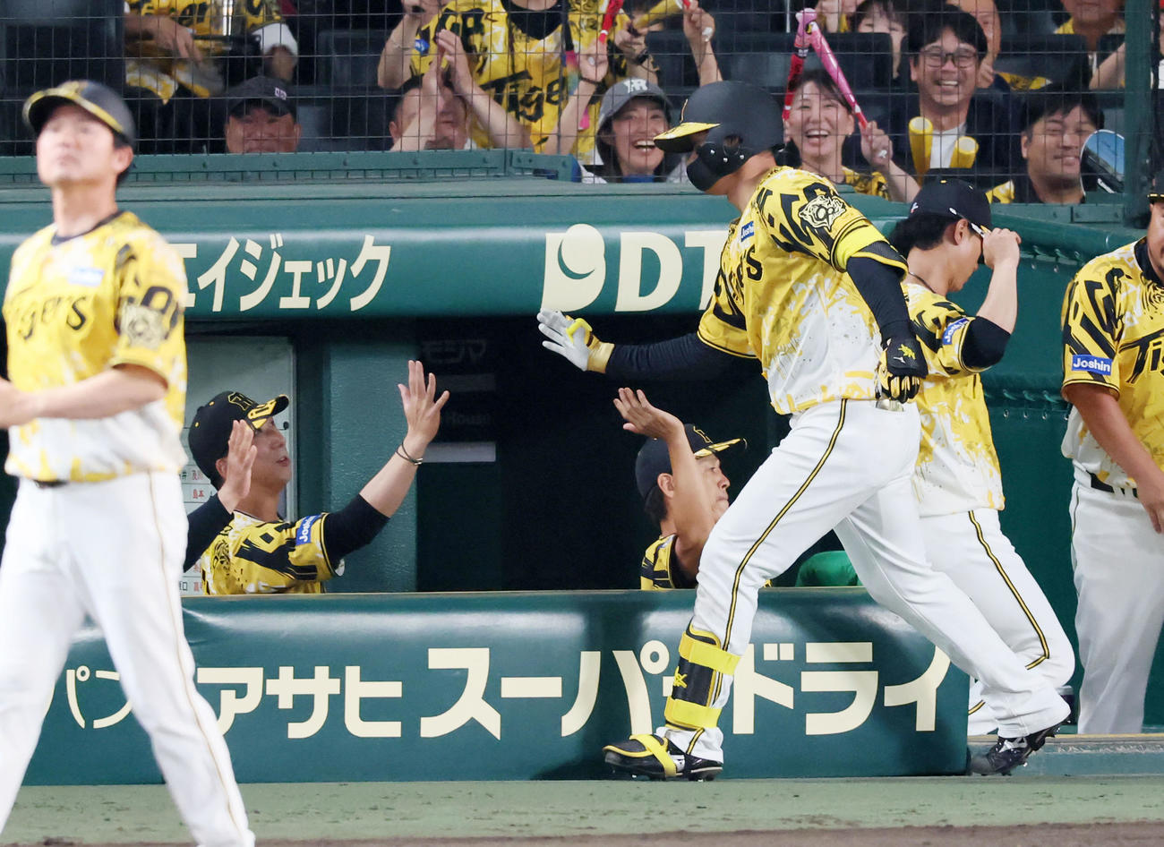 阪神対中日　7回裏阪神2死、左越えソロ本塁打を放った森下（右）とベンチでタッチする藤川監督（撮影・加藤哉）