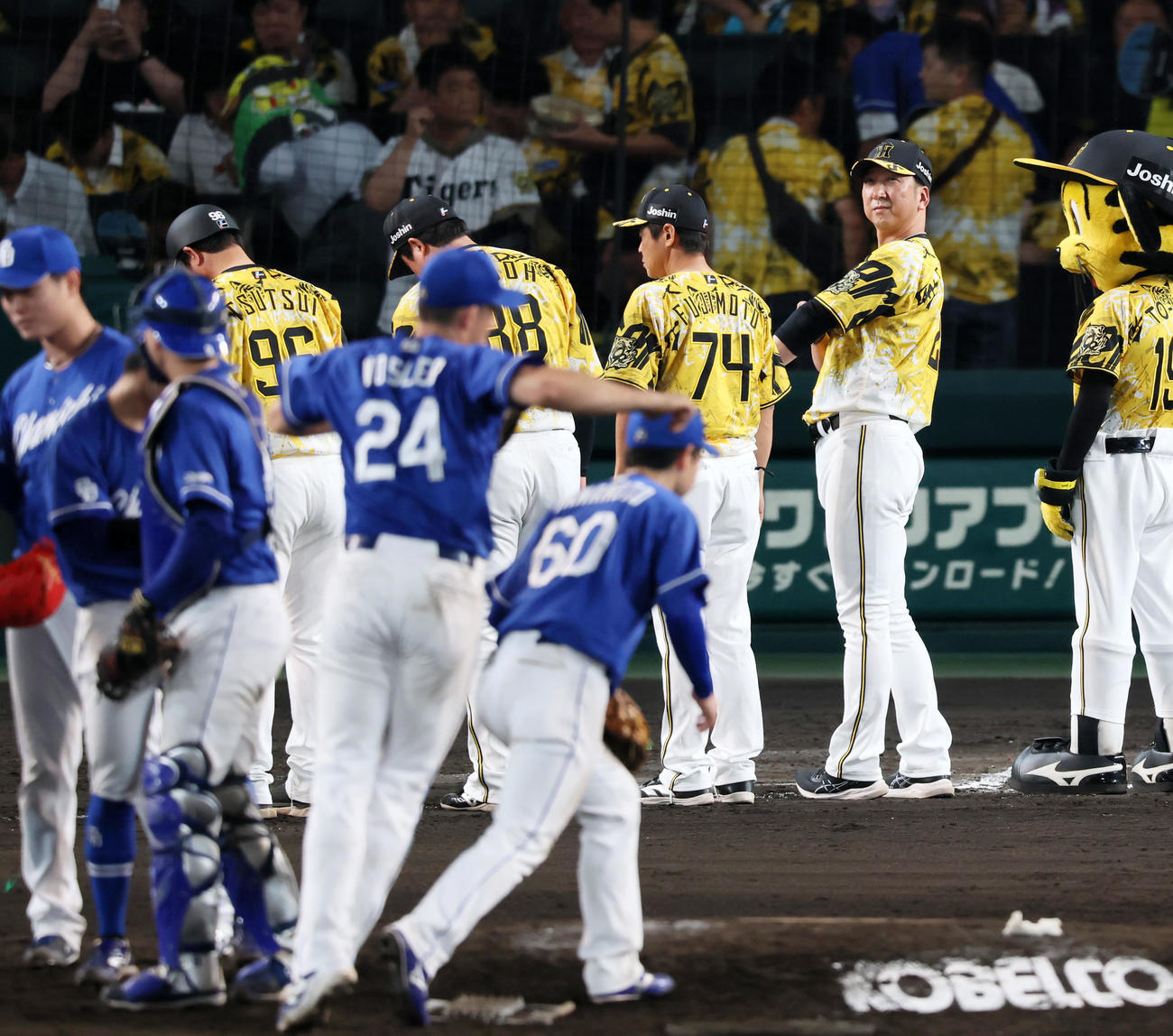 阪神対中日　中日に敗れしタッチする中日ナインの奥でセンター方向を見る藤川監督（後方）（撮影・加藤哉）