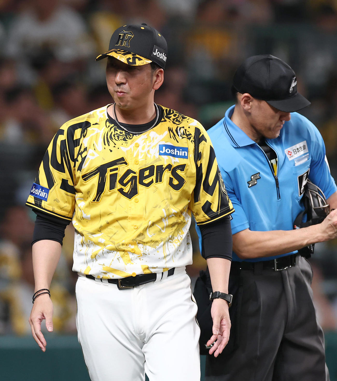 阪神対中日　選手交代を告げる藤川監督（撮影・上田博志）
