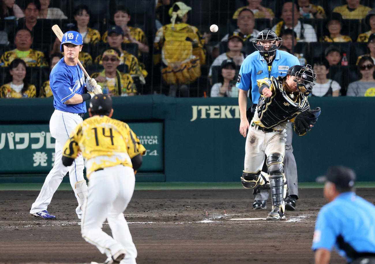 阪神対中日　7回表中日1死一塁、梅野は打者板山のとき一塁走者ボスラーの二塁盗塁を刺す。投手岩貞（撮影・加藤哉）
